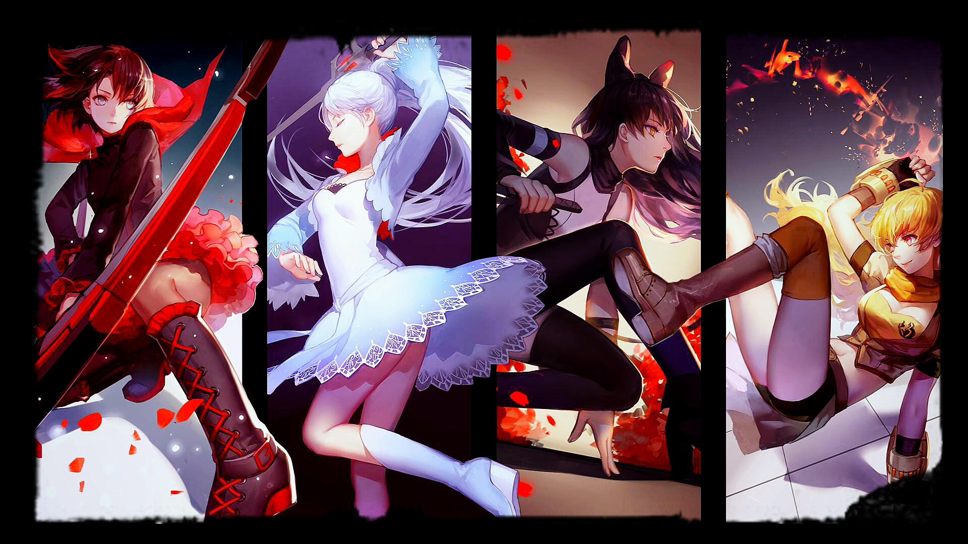 1920x1080 Wallpaper : black, anime girls, collage, red, white dress, yellow, Blake Belladonna, RWBY, panties, Ruby Rose character, Rooster Teeth, Yang Xiao Long, Weiss Schnee, musical theatre tienguan 357414 HD Wallpapers