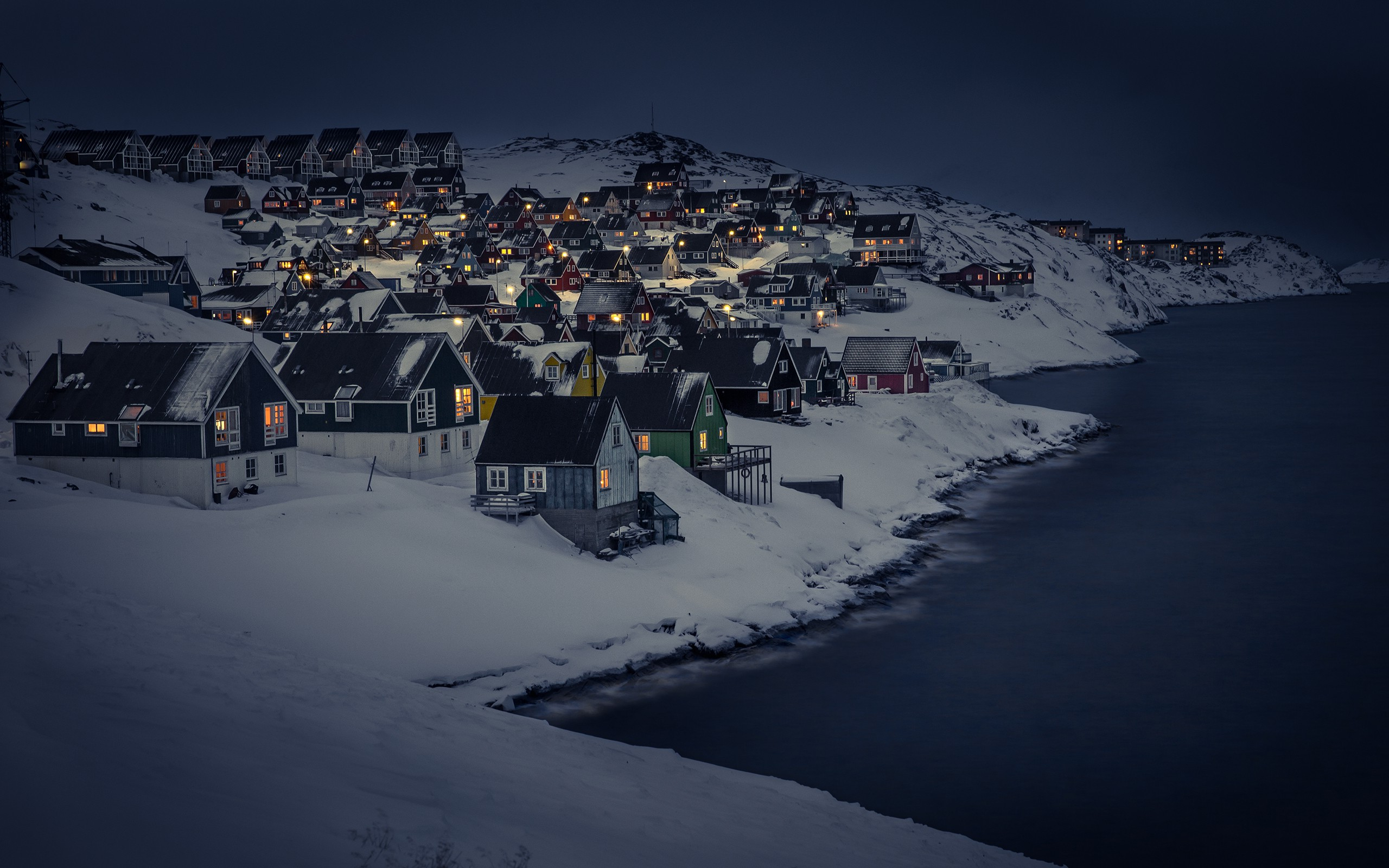 2560x1600 winter, Snow, Sea, Landscape, House, Lights, Night, City Wallpapers HD / Desktop and Mobile Backgrounds