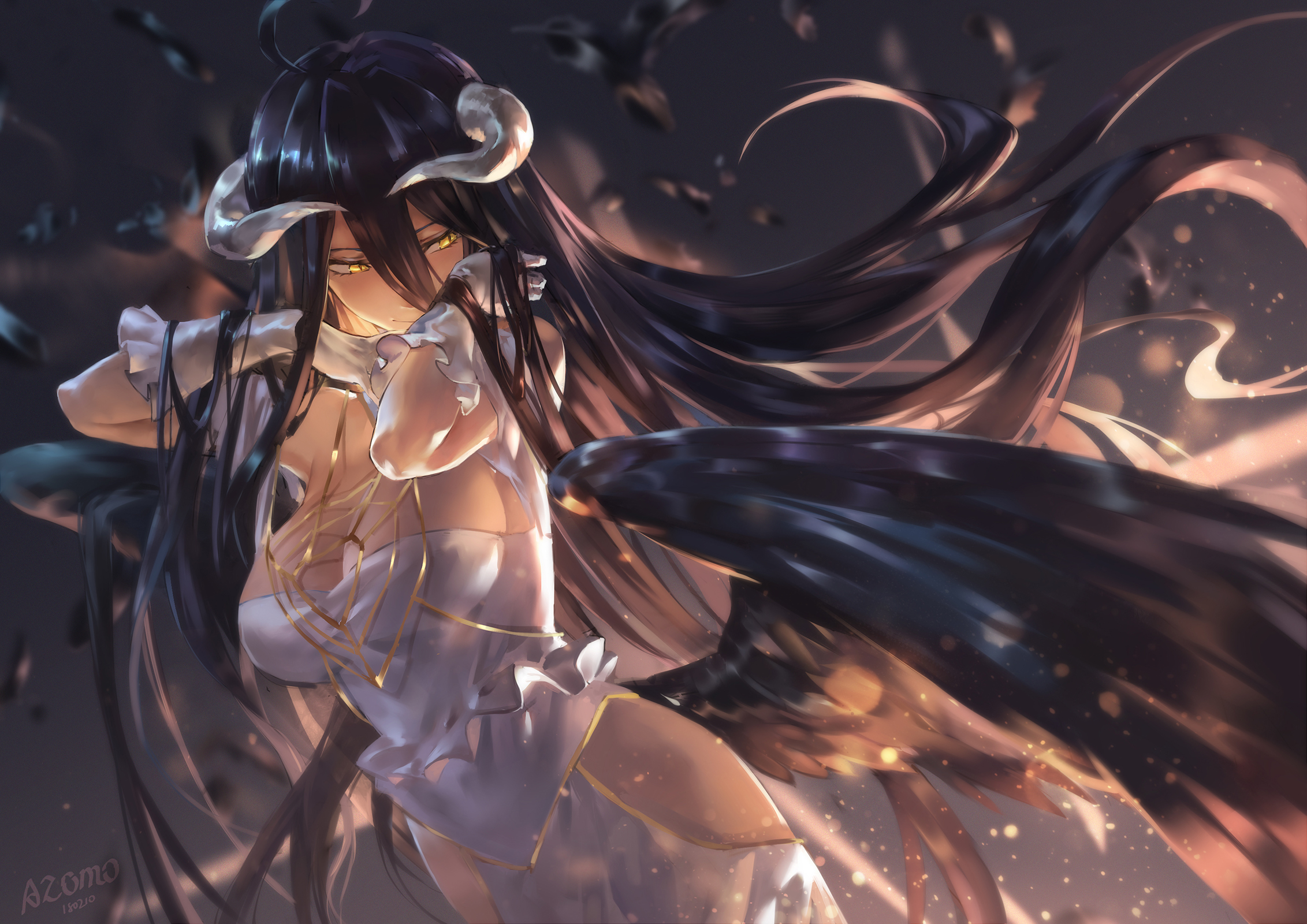 2263x1600 Wallpaper : Albedo OverLord, Overlord anime, cleavage, white dress, horns, Black wings, white gloves, yellow eyes, black hair, long hair, azomo, avamone Noxxic 1244327 HD Wallpapers