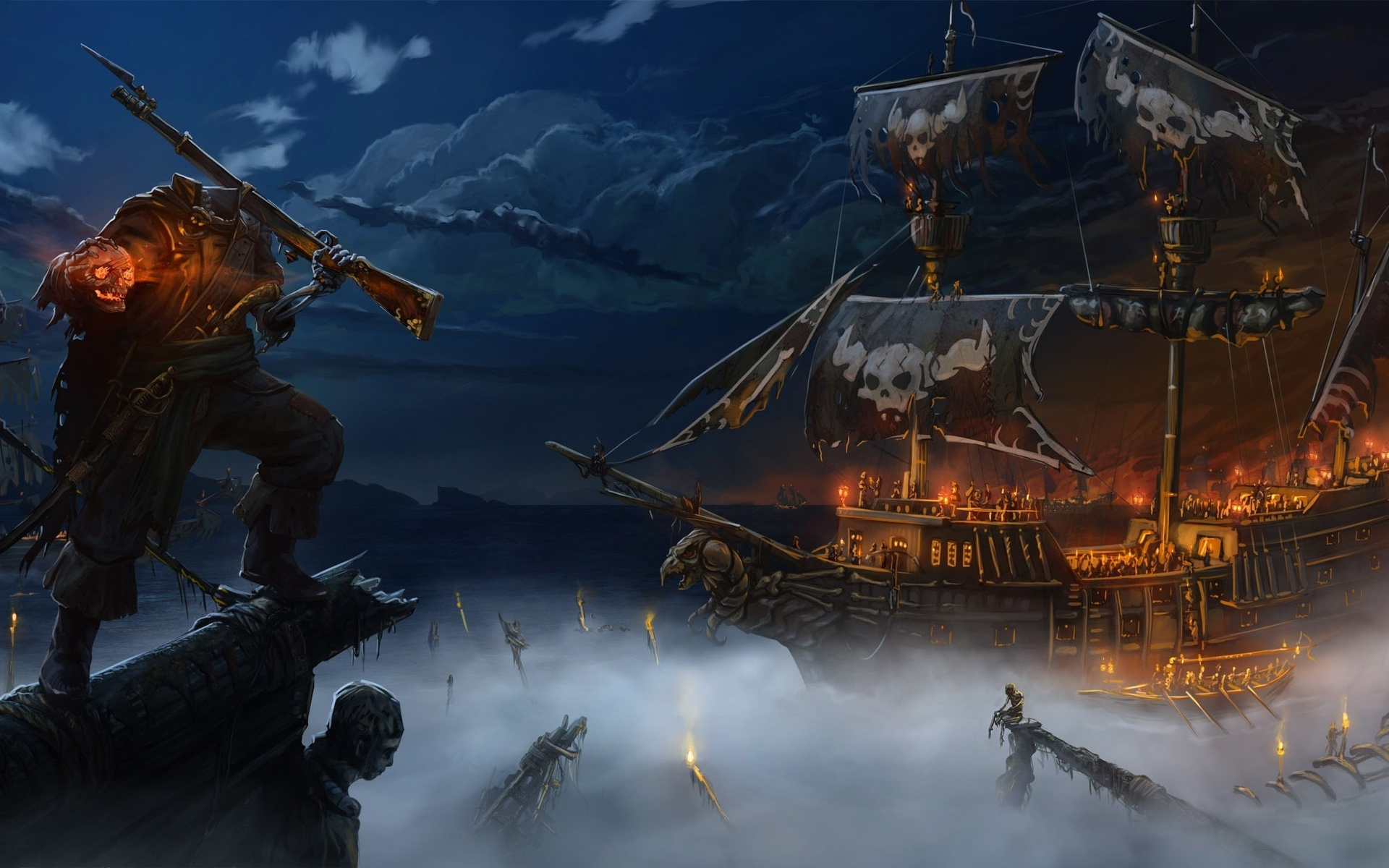 1920x1200 Fantasy pirate dark horror skeleton evil scary creepy spooky ship fire demon wallpaper | | 28091