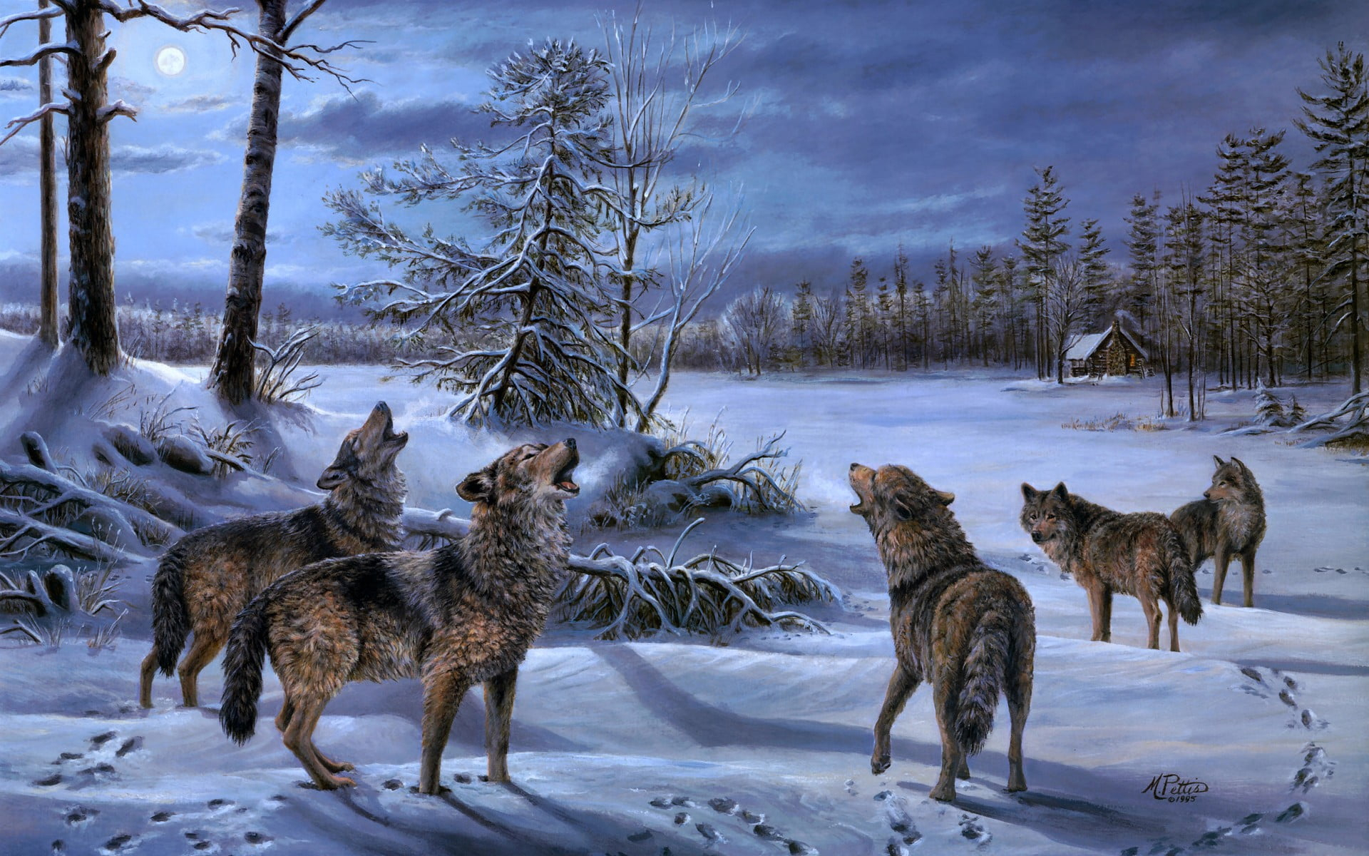 1920x1200 Howling wolves standing on ground covered by snow painting, wolf, animals, artwork, winter HD wallpaper