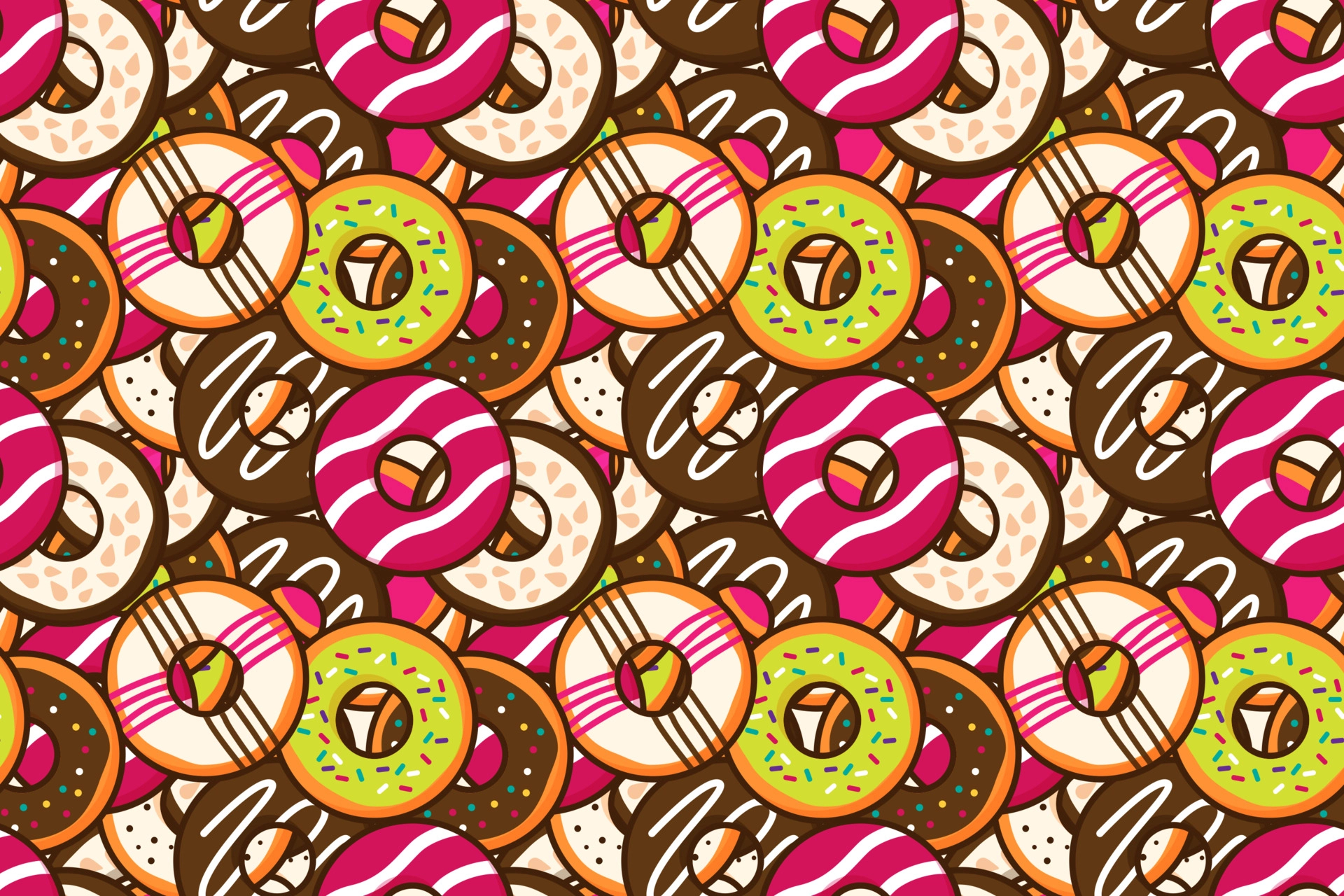 1920x1280 Group of colorful sweet donuts with glaze and sprinkles background Top view doughnut seamless pattern backdrop wallpaper Dessert and bakery concept Trendy cute cartoon food free vector illustration 3565493 Vector Art at