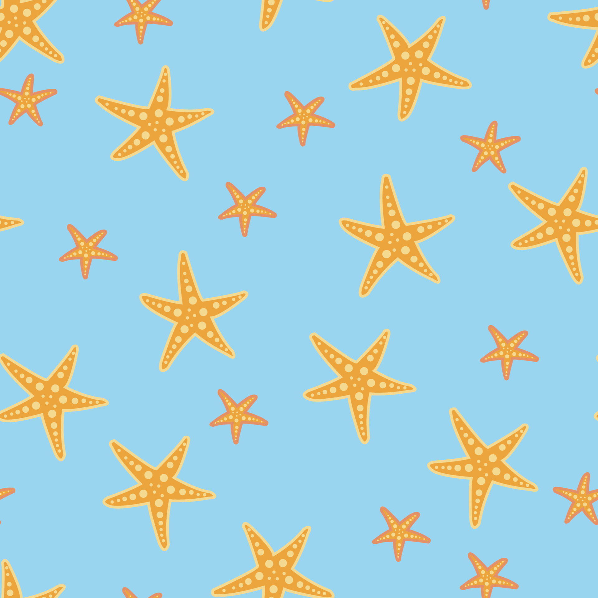 1920x1920 Seamless pattern of scattered starfish yellow stars on a light blue textured background. 4790835 Vector Art