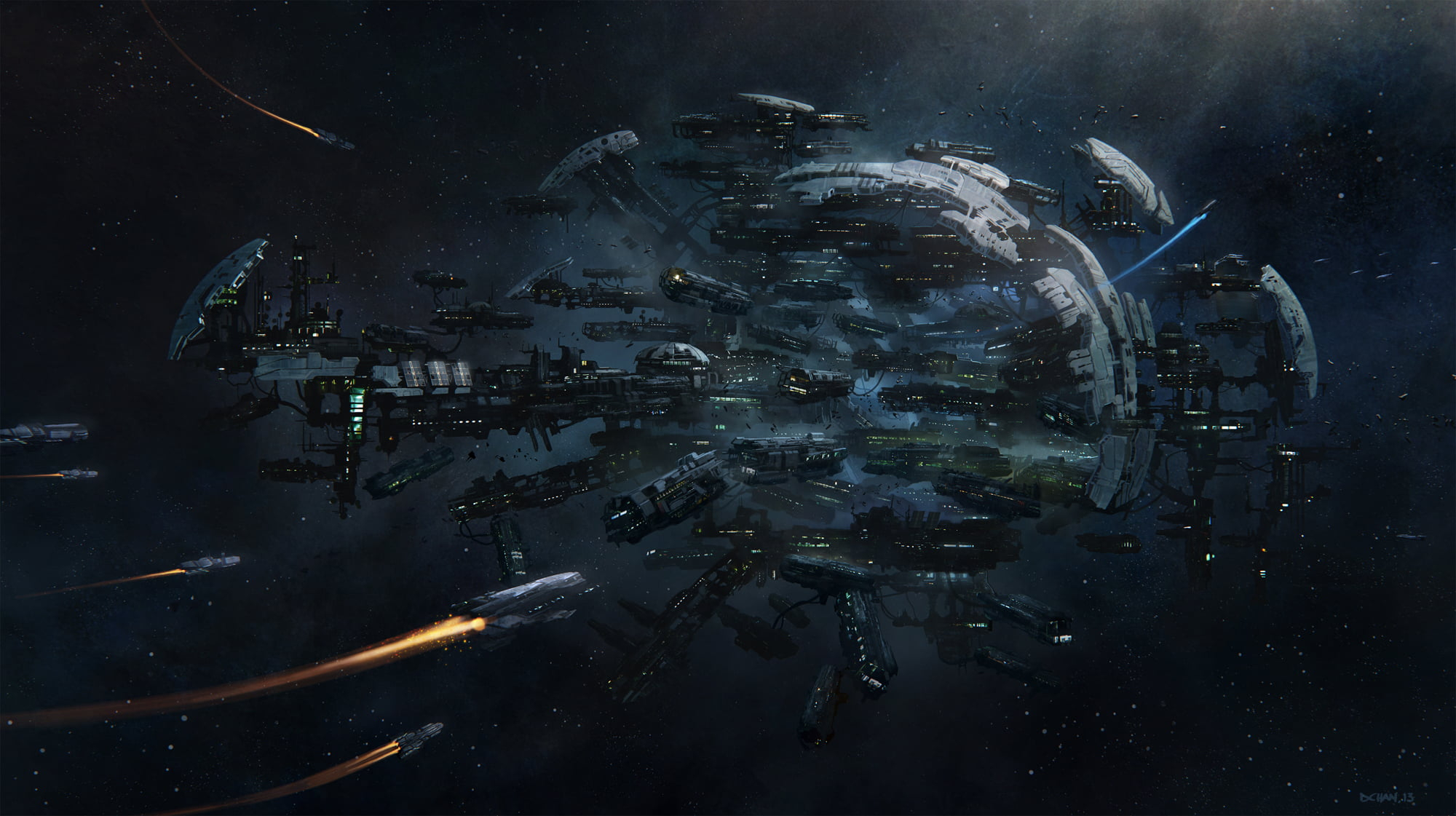 2000x1121 Animated illustration of space war ships HD wallpaper