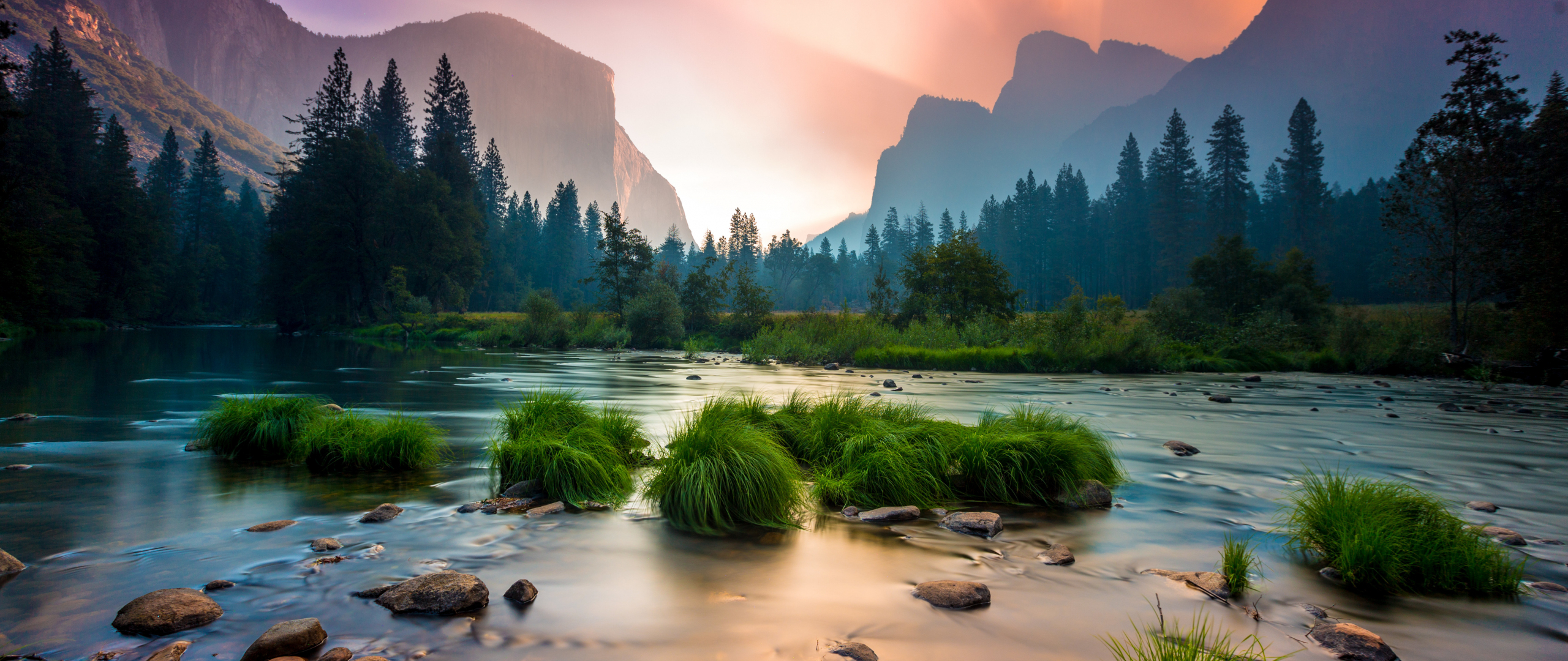 2560x1080 Download sunrise, yosemite national park, stream, mountains wallpaper, dual wide hd image, background, 18539