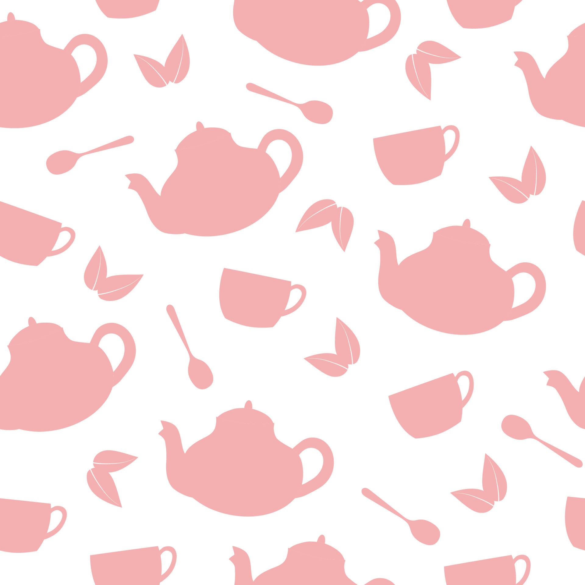 1920x1920 Seamless pattern of pink teapots, cups, spoons and leaves on white background. 5694895 Vector Art