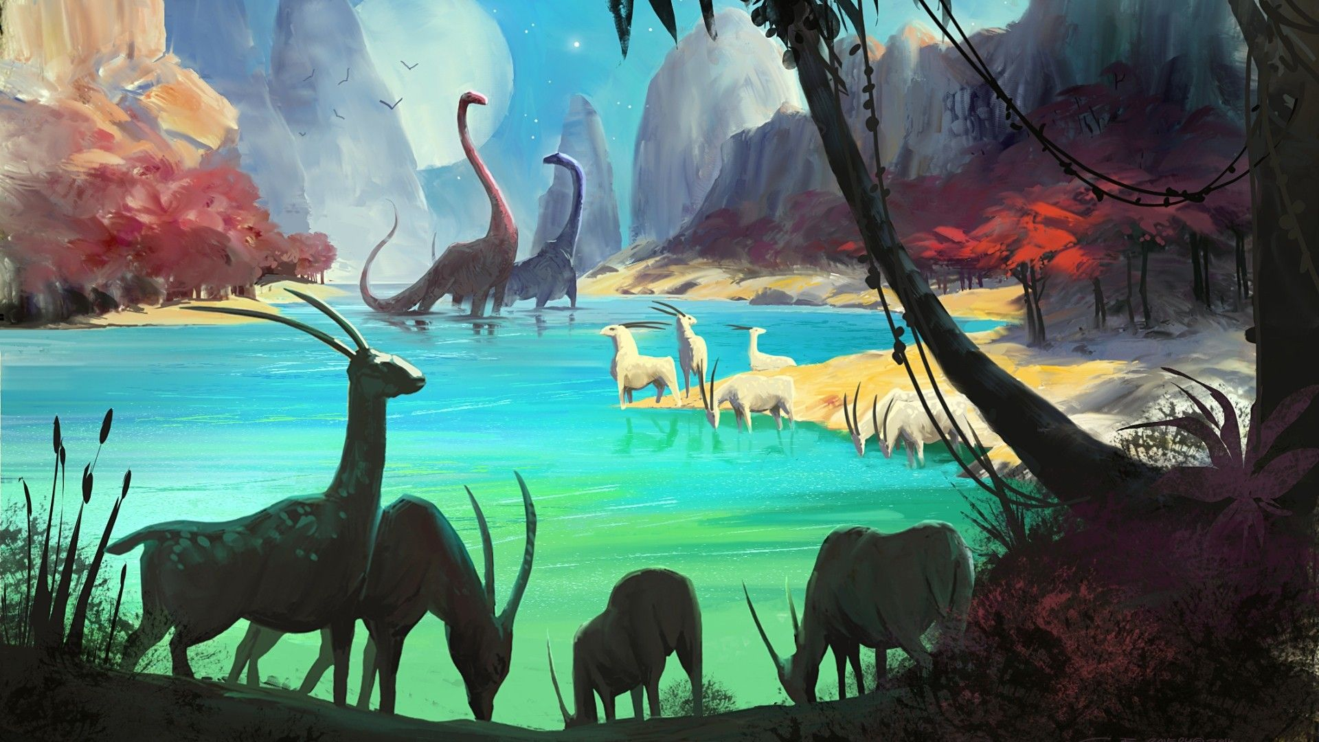 1920x1080 General digital art nature landscape prehistoric dinosaurs animals wildlife fantasy art lake trees forest lianas&acirc;&#128;&brvbar; | Sky art, No man's sky, Jungle painting