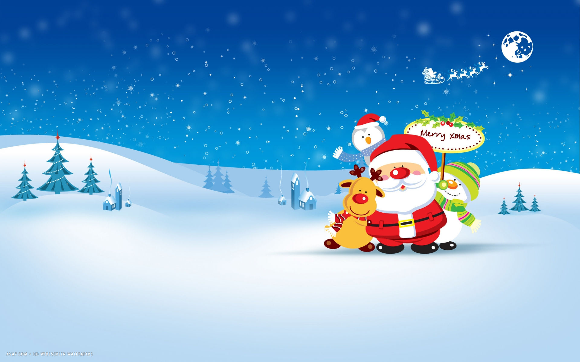 1920x1200 merry xmas christmas landscape vector santa rudolph snowman holiday hd widescreen wallpaper / holidays backgrounds