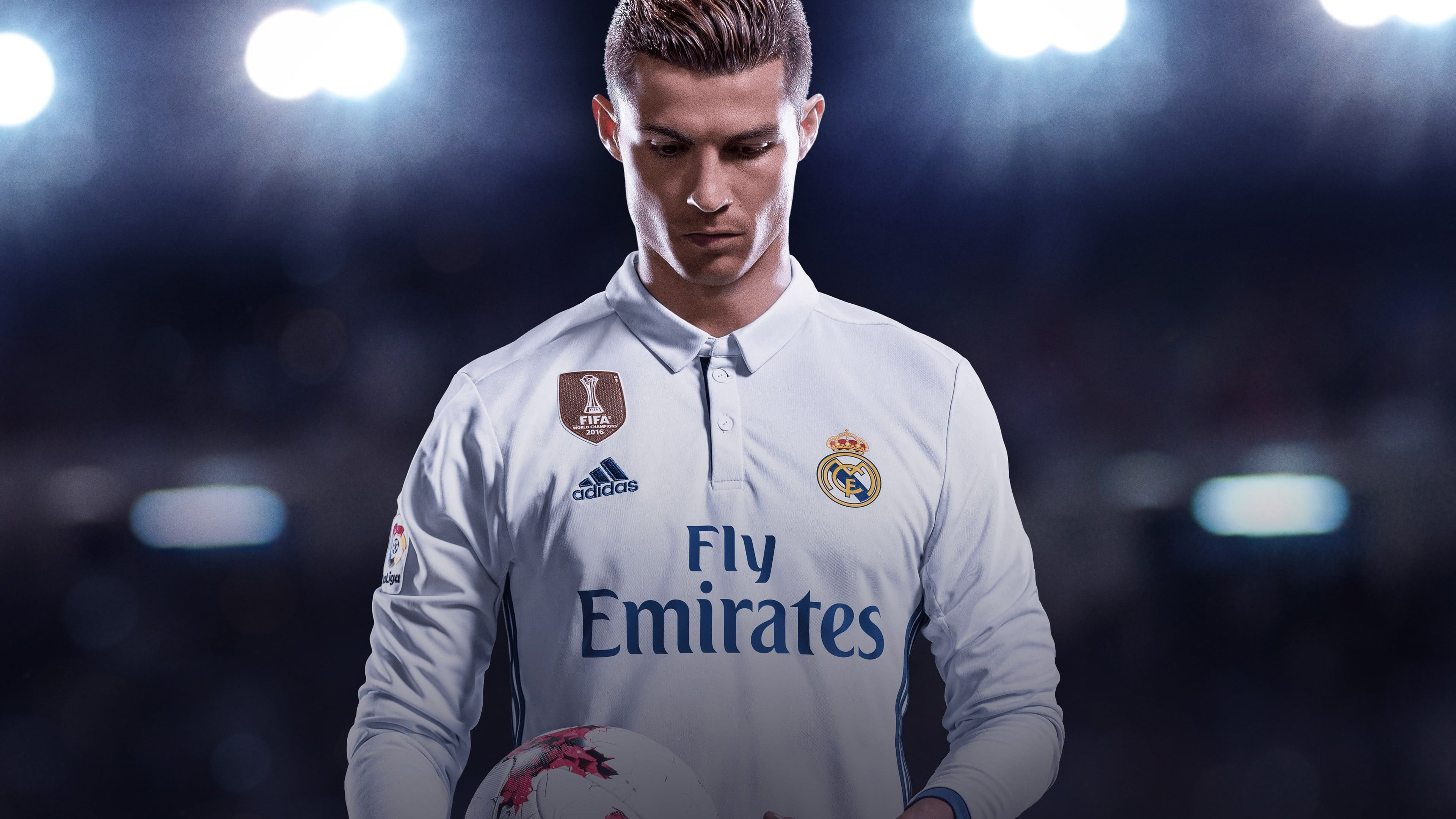 3840x2160 Close-up photography of Cristiano Ronaldo man wearing white Adidas Fly Emirates jersey shirt HD wallpaper