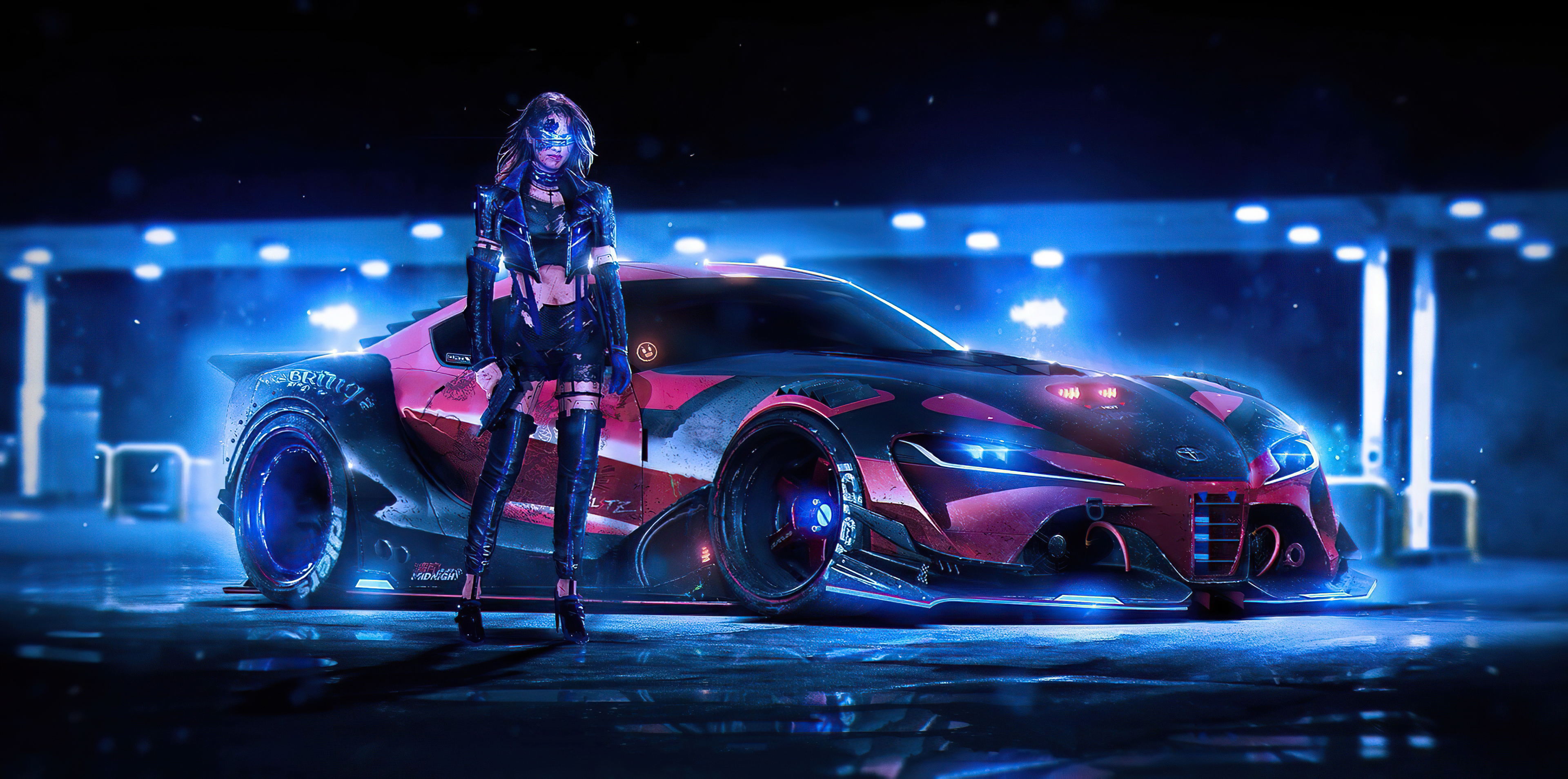 3840x1908 Cyber Girl With Red Car, HD Artist, 4k Wallpapers, Images, Backgrounds, Photos and Pictures