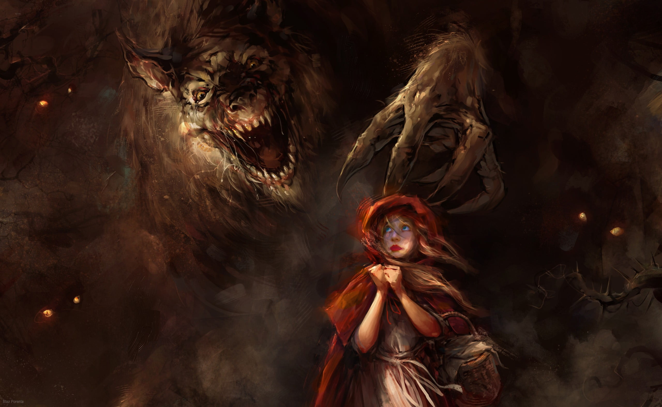 2560x1574 Little Red Riding Hood painting, werewolves, Little Red Riding Hood, wolf HD wallpaper