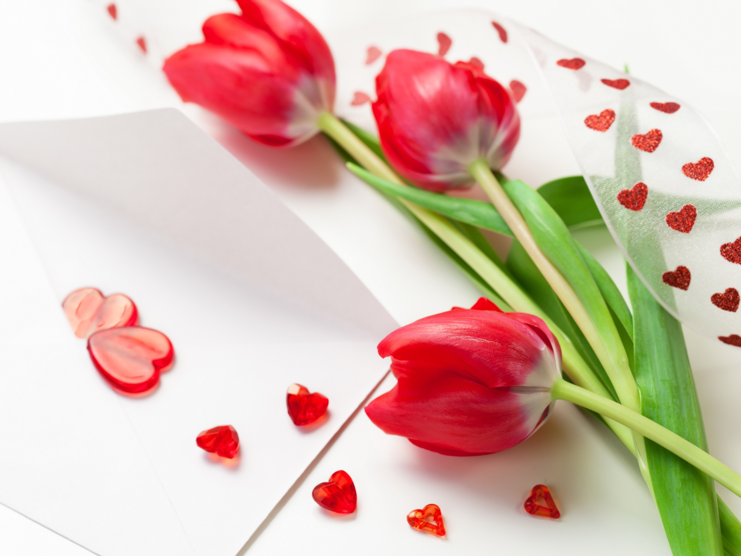 2560x1920 Three red tulip flowers, ribbons, heart-shaped decoration wallpaper | flowers | Wallpaper Better