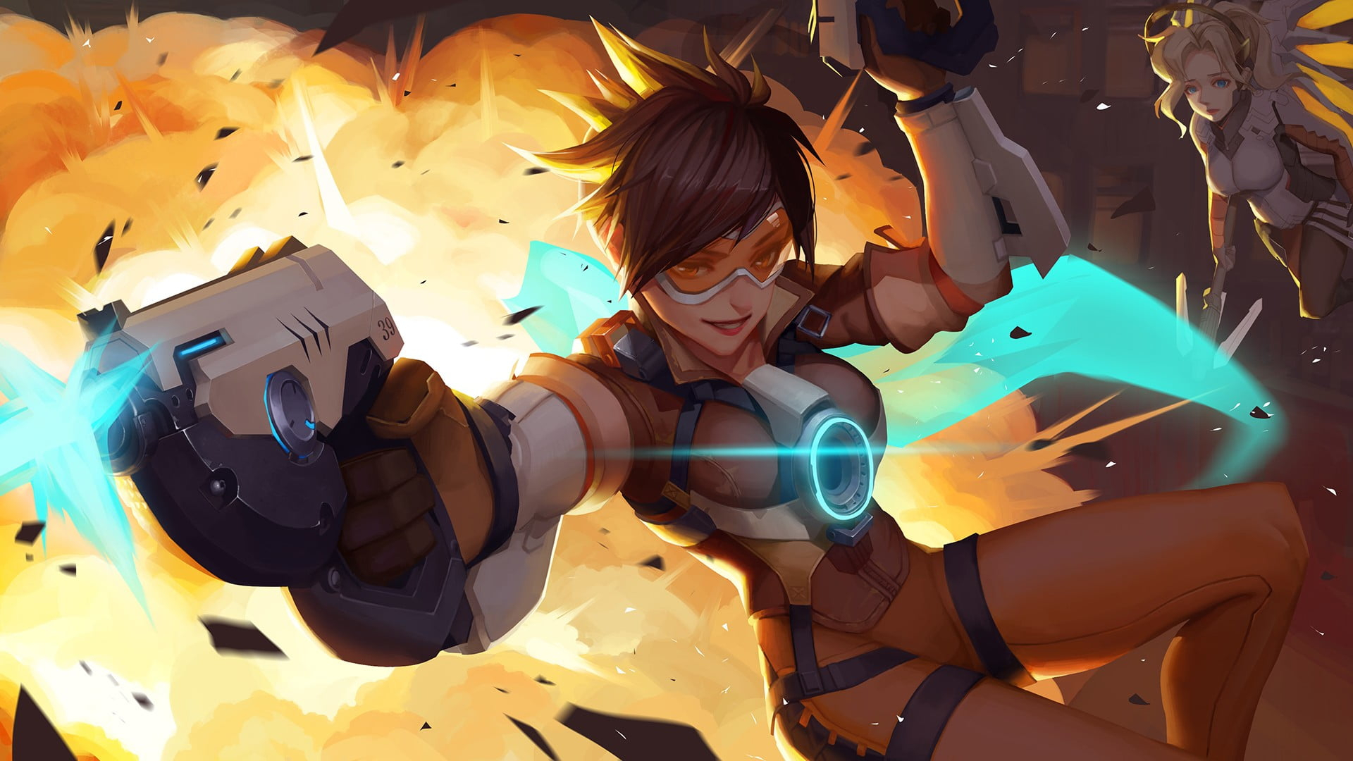 1920x1080 Tracer from Overwatch illustration, Overwatch, Tracer (Overwatch), Mercy ( Overwatch), short hair HD wallpaper