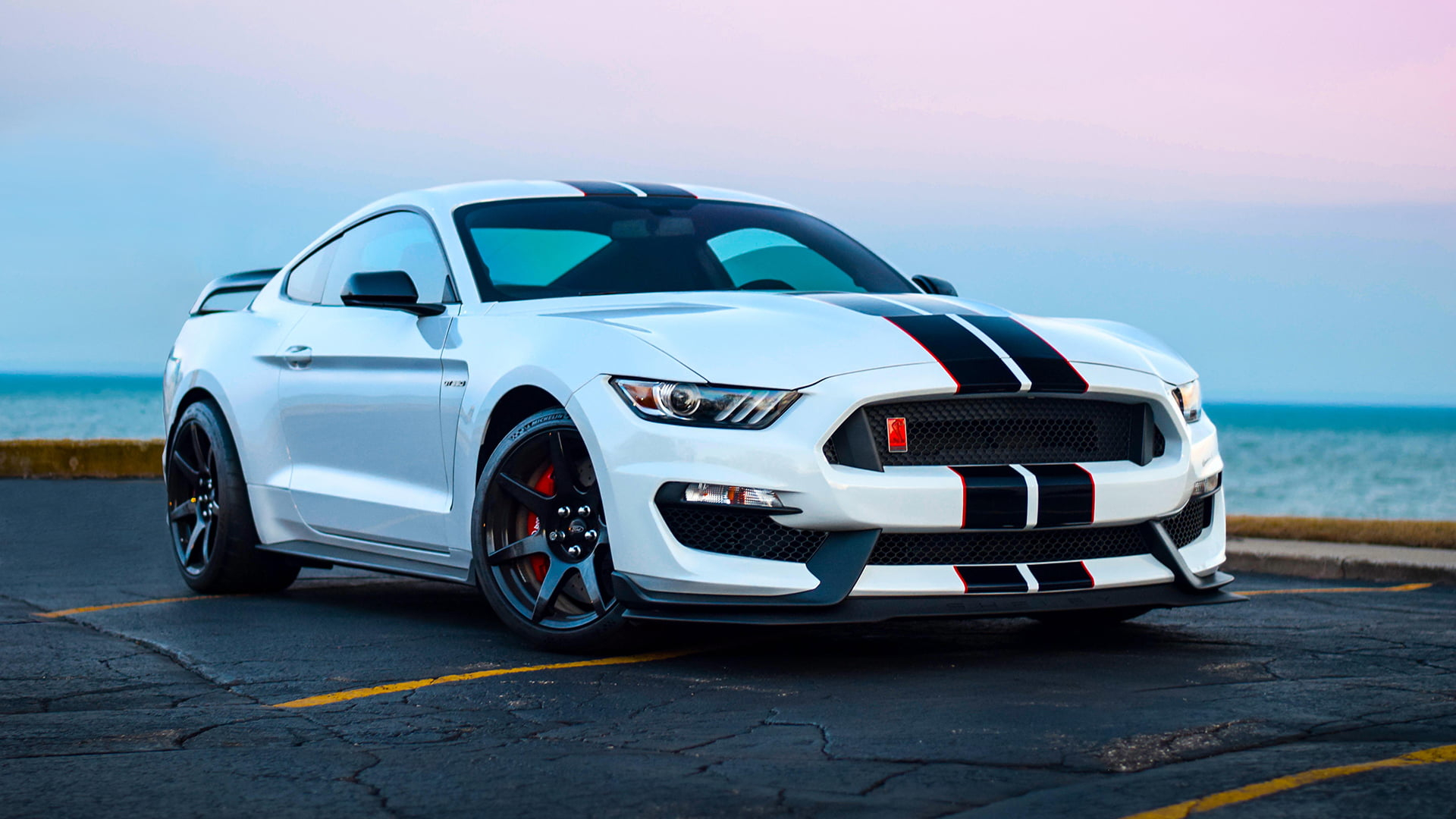 1920x1080 White 5-door hatchback, Ford Mustang, car, sea, muscle cars HD wallpaper |