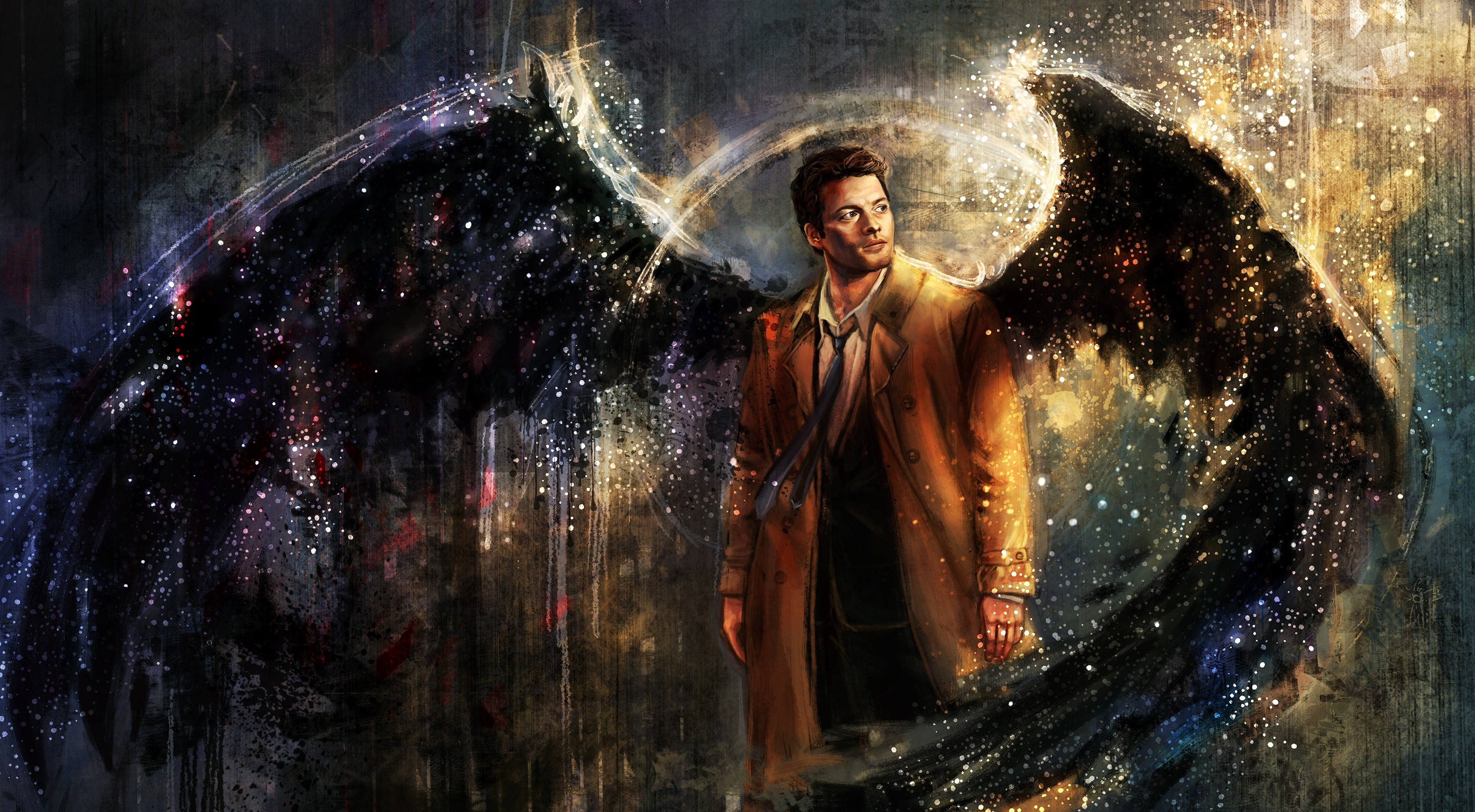 3500x1928 Wallpaper : drawing, painting, wings, artwork, mythology, Supernatural, Castiel, darkness, fictional character, special effects BoSsFiNaL4sRaT 153254 HD Wallpapers