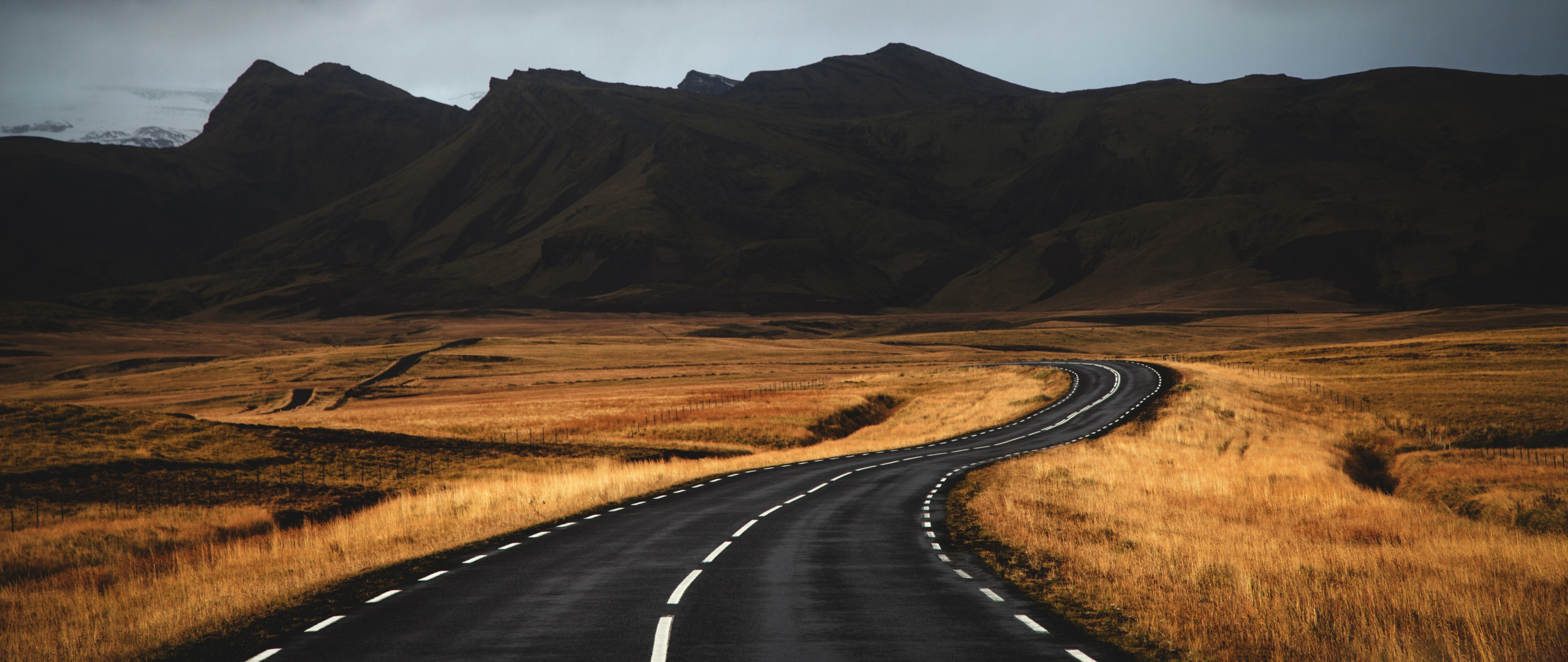 2560x1080 highway, roadtrip, field, landscape, mountains | Wallpaper