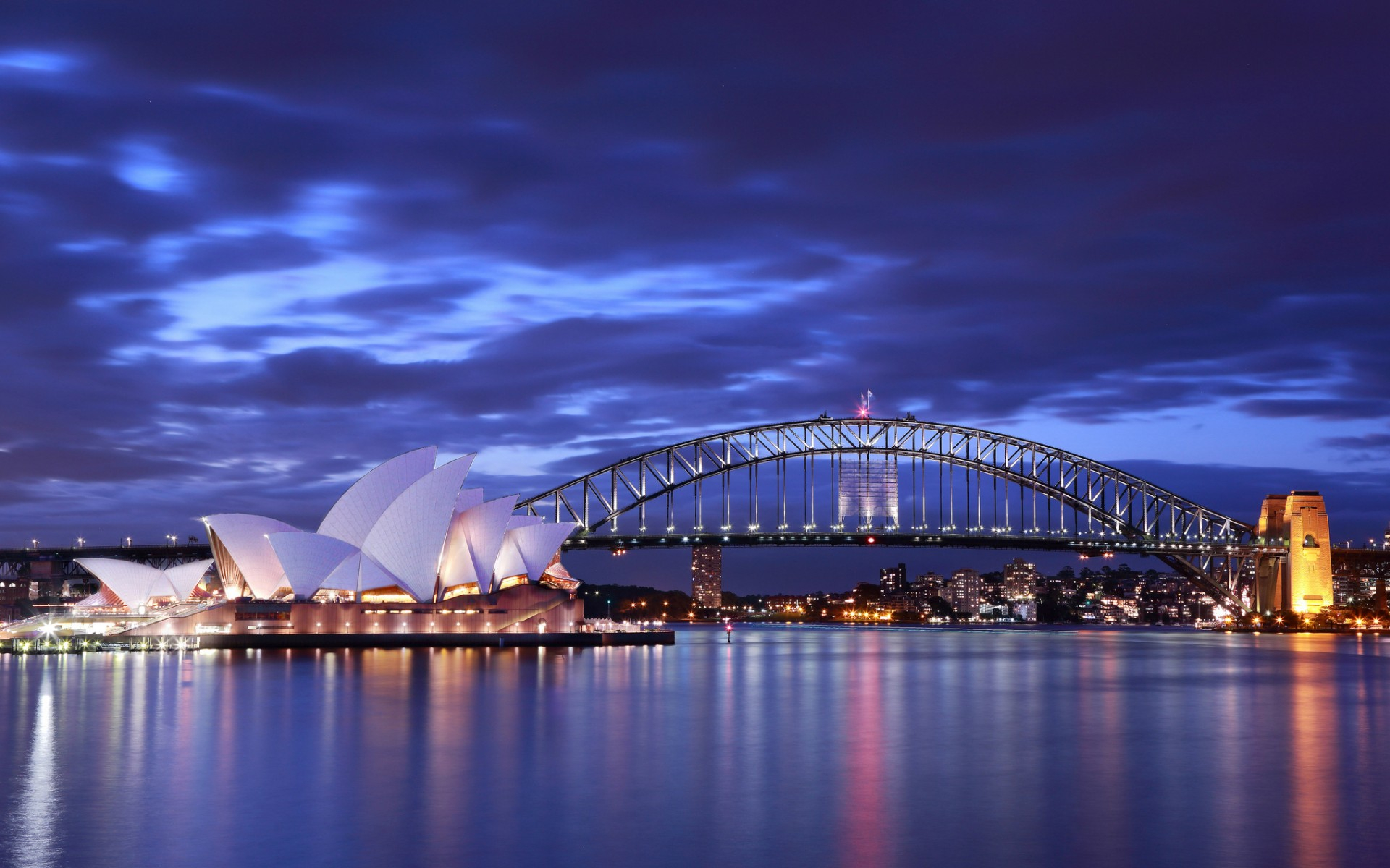 1920x1200 Australia Sydney Opera House bridge evening lights buildings architecture roads ocean sea bay harbor sky clouds wallpaper | | 52288 |