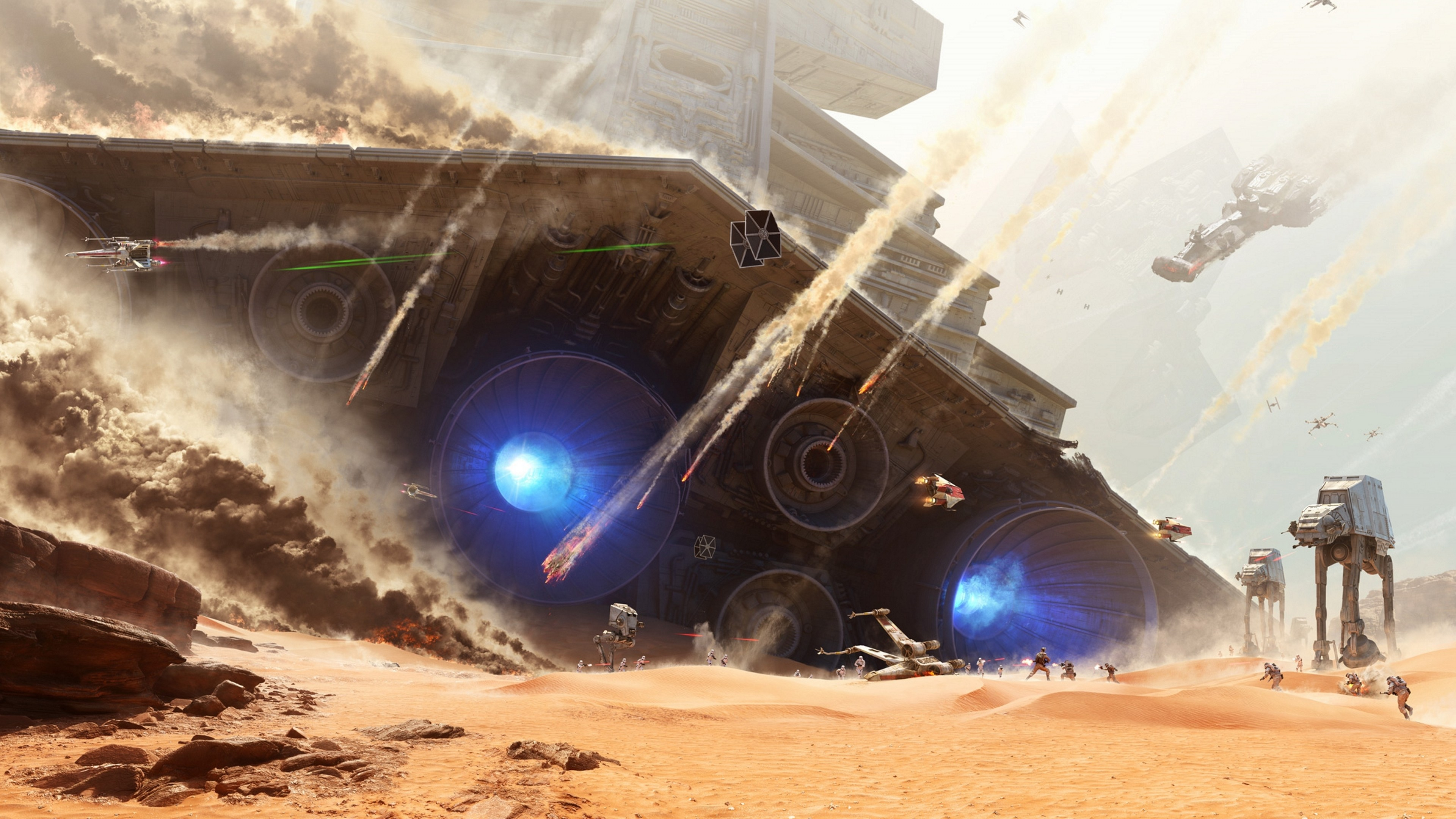 3840x2160 Wallpaper : Star Wars, video games, space, vehicle, battle, soldier, desert, TIE Fighter, Star Destroyer, X wing, EA DICE, AT ST, AT AT, Star Wars Battlefront, screenshot, atmosphere of earth