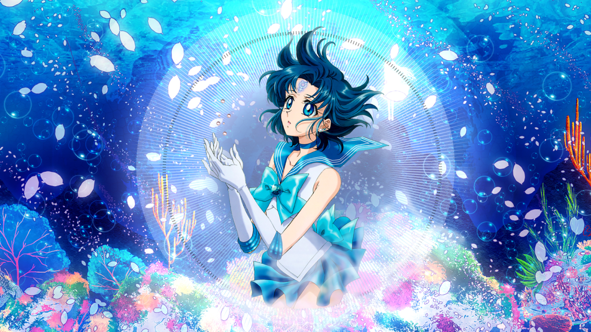 1920x1080 Sailor Mercury Picture In Picture Sea Sailor Moon Anime Anime Girls 2D Petals Blue Hair Blue Eyes Wallpaper Resolution: ID:1348337