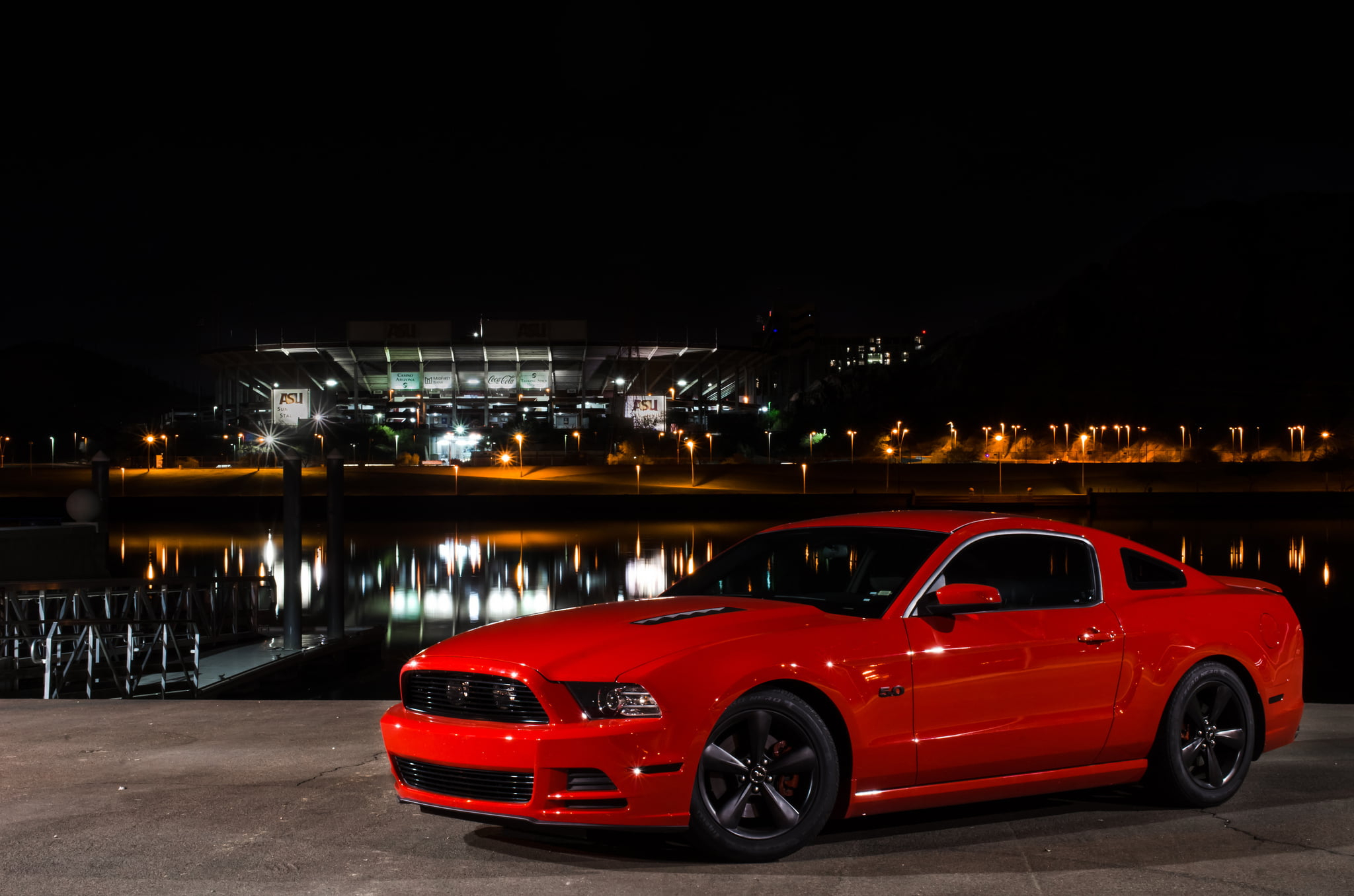 2048x1356 Red Ford Mustang parked near bay during night time HD wallpaper | Wallpaper Flare
