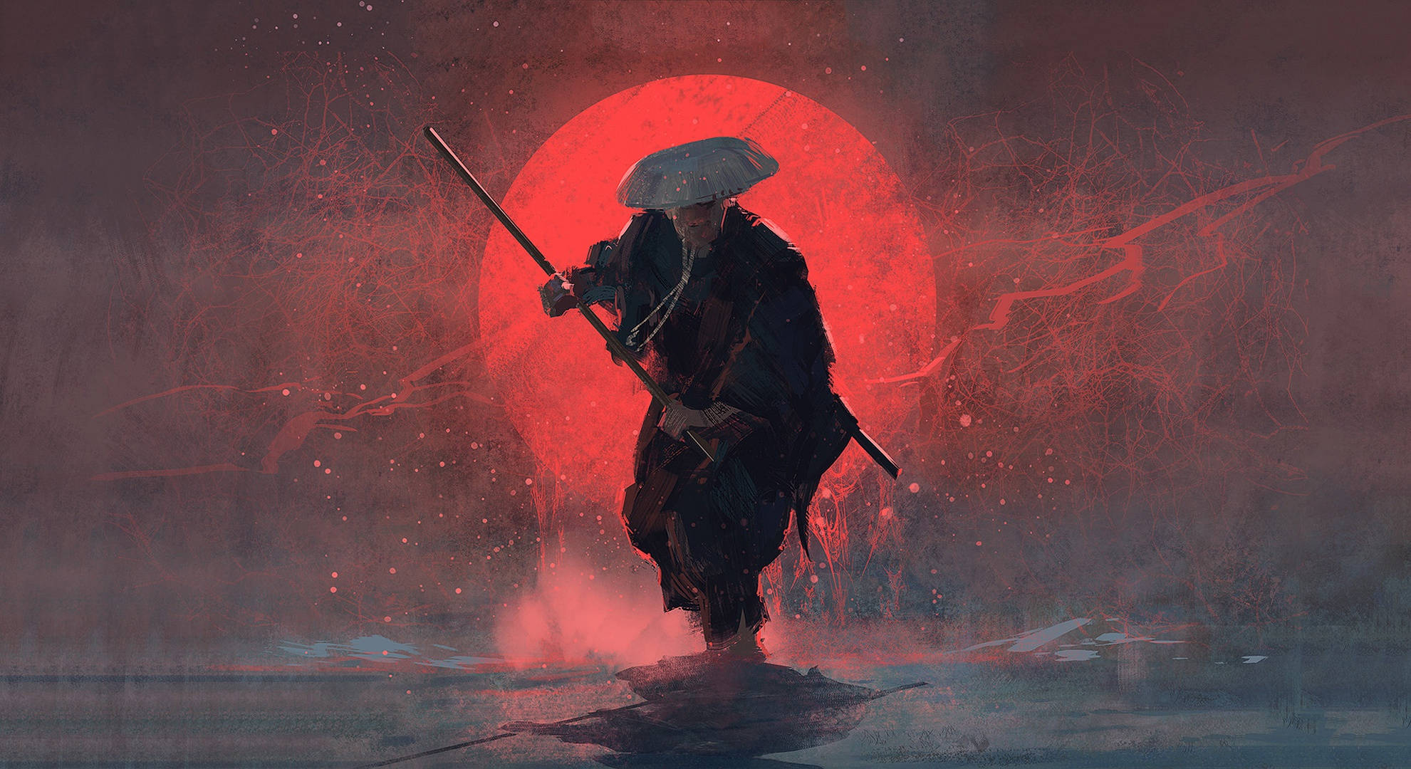 1981x1080 Download Samurai And Red Moon Wallpaper