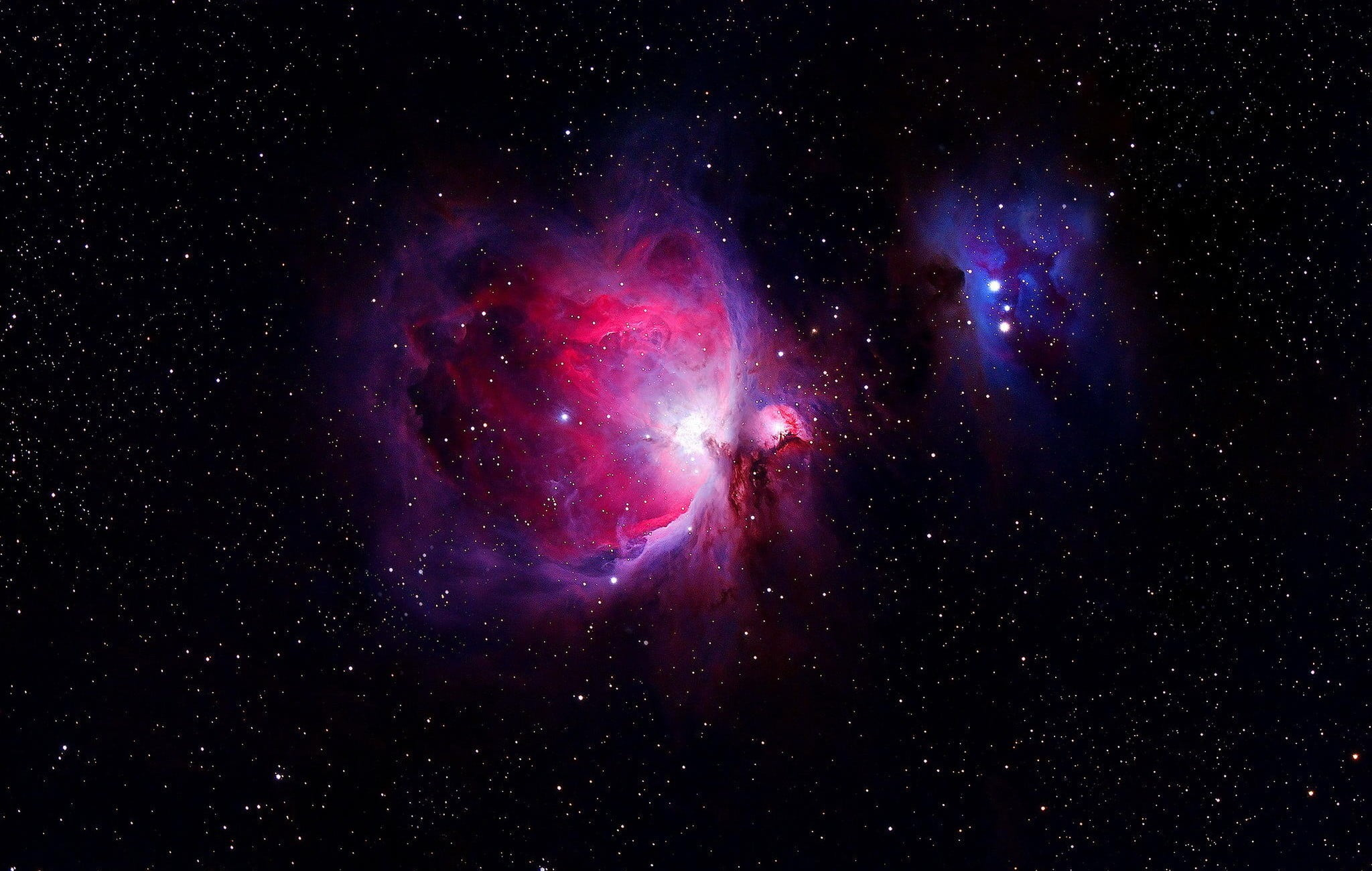 2048x1300 Black, purple, and blue galaxy, Great Orion Nebula, space, universe HD wallpaper