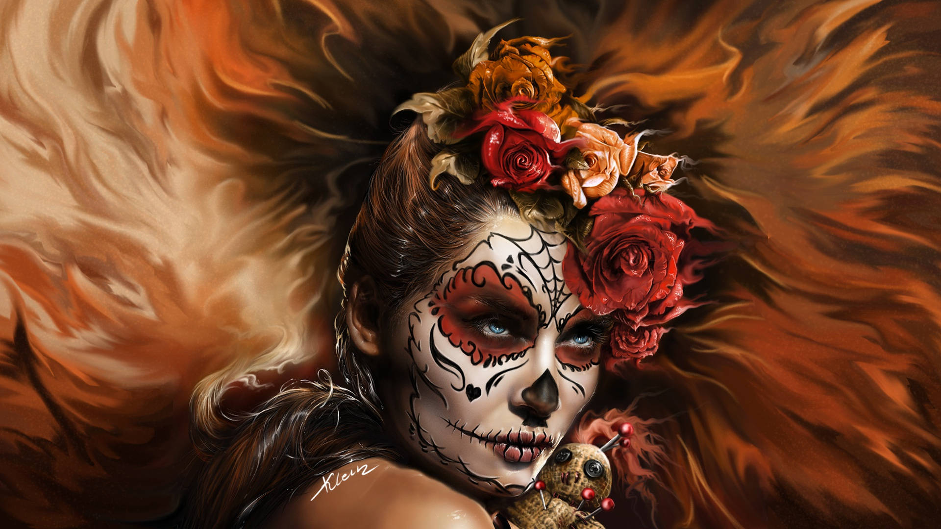 1920x1080 Download Fiery-looking Sugar Skull Woman Wallpaper