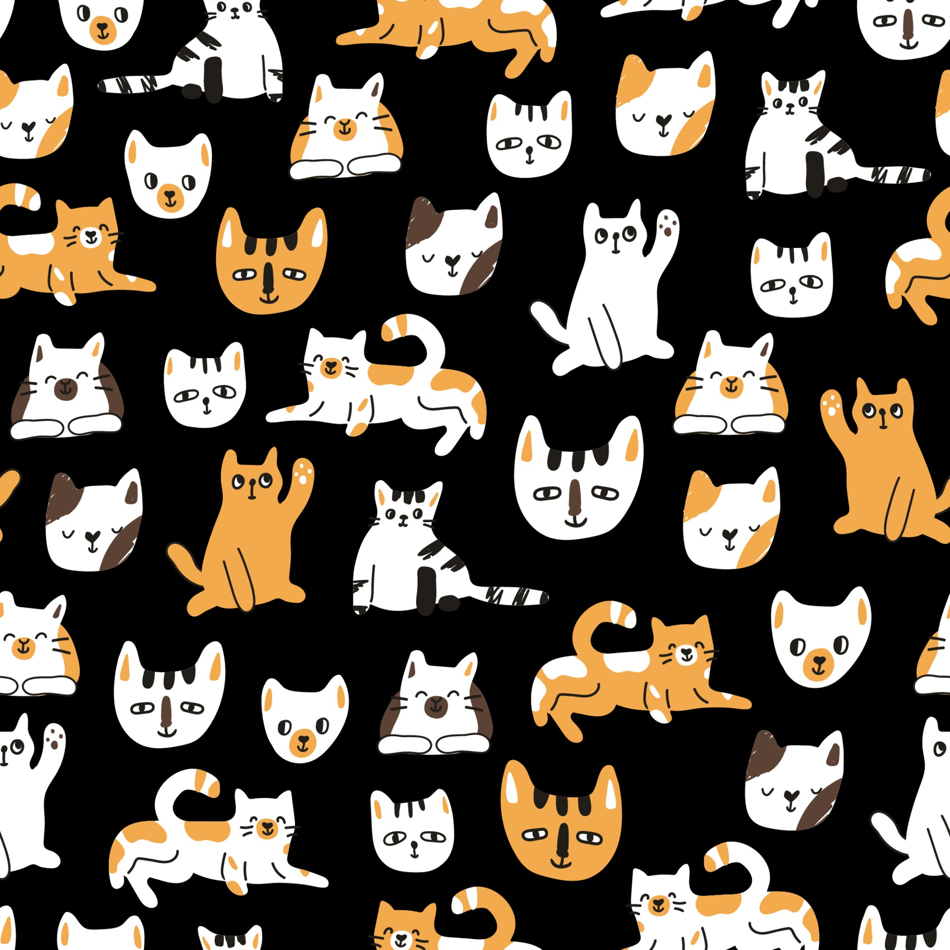 1920x1920 Cute fun seamless pattern of cats or kittens on black background 3341640 Vector Art