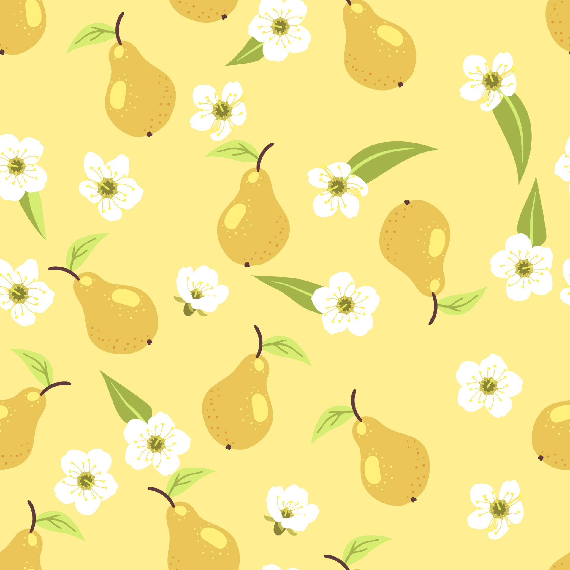 1920x1920 Seamless cute summer autumn pear pattern with fruits, leaves, white flowers on yellow pastel background. Vector illustration cover, wallpaper texture, wrapping backdrop, vintage packaging. 7726142 Vector Art