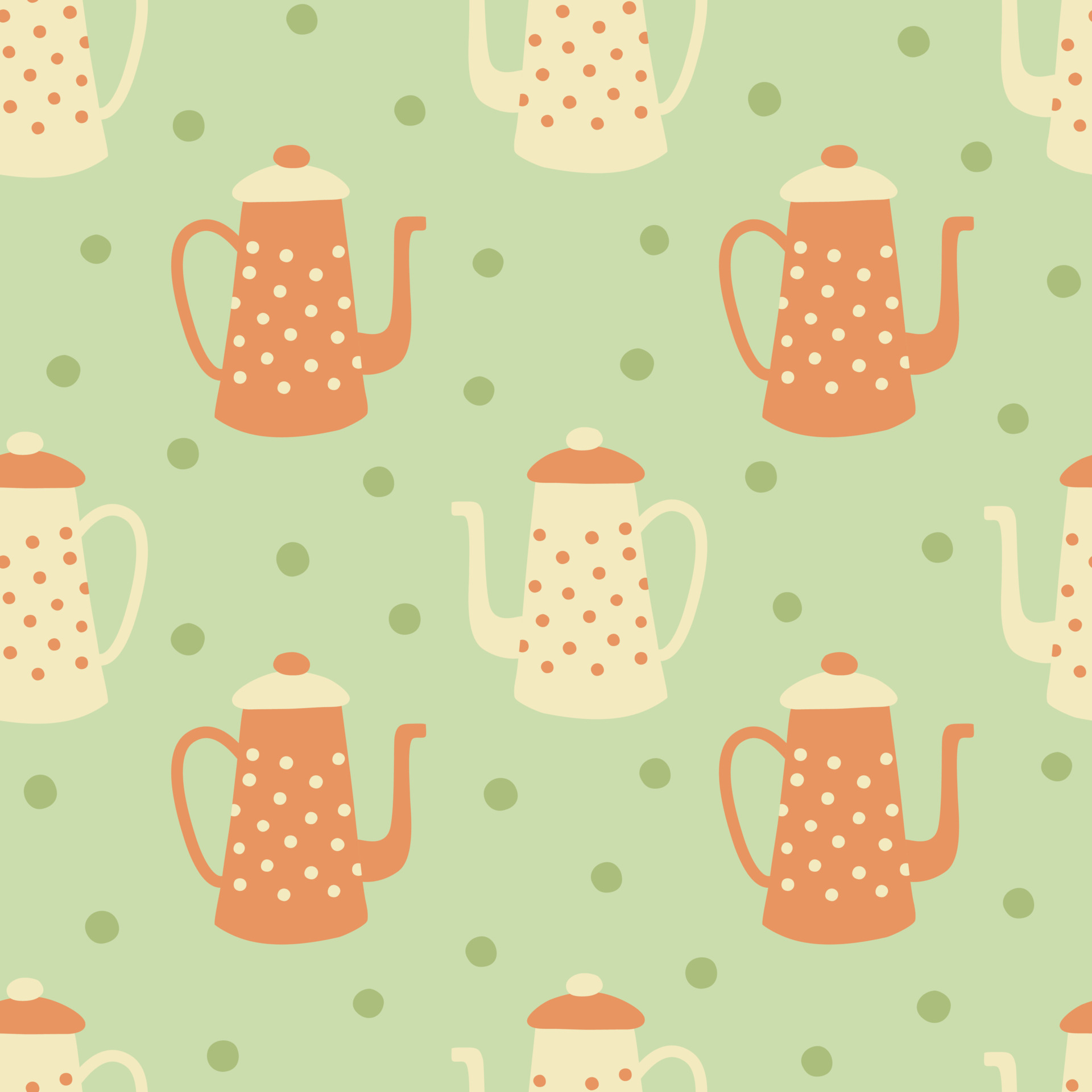 1920x1920 Teapot and polka dot seamless pattern. Ceramic kitchenware repeated vector illustration. Spring design for fabric, home textile, wallpaper 5587214 Vector Art