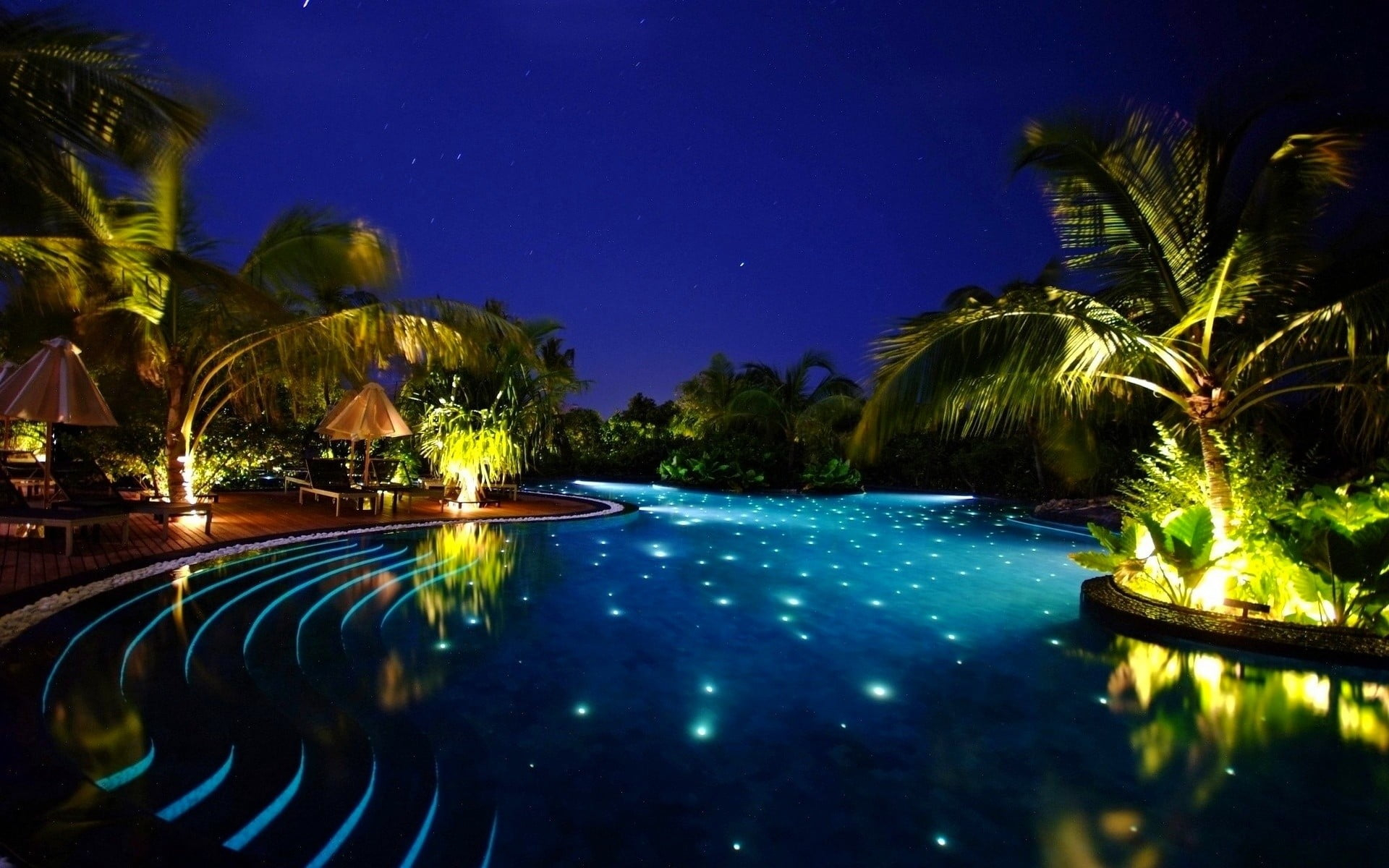 1920x1200 Swimming pool, water, forest, night, palm trees HD wallpaper | Wallpaper Flare