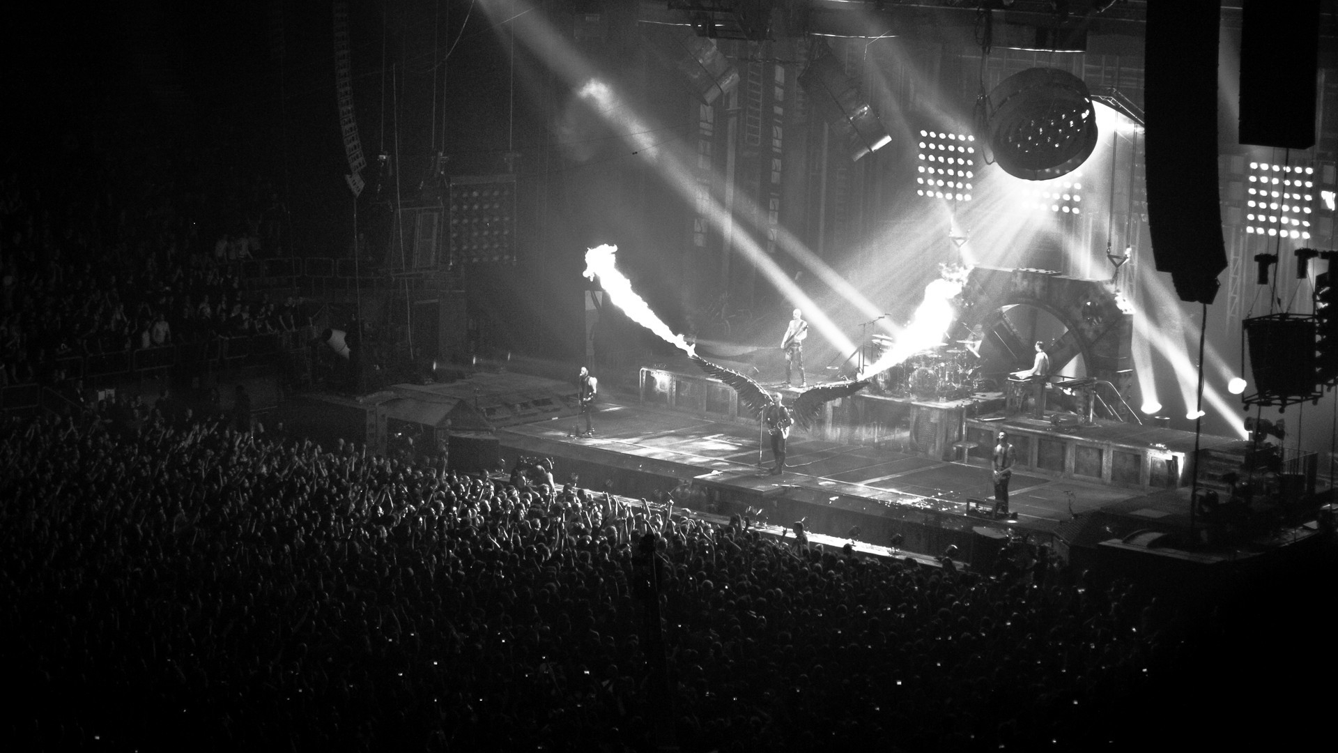 1920x1080 Download wallpaper fire, scene, wings, black and white, concert, metal, the audience, rammstein, section music in resoluti