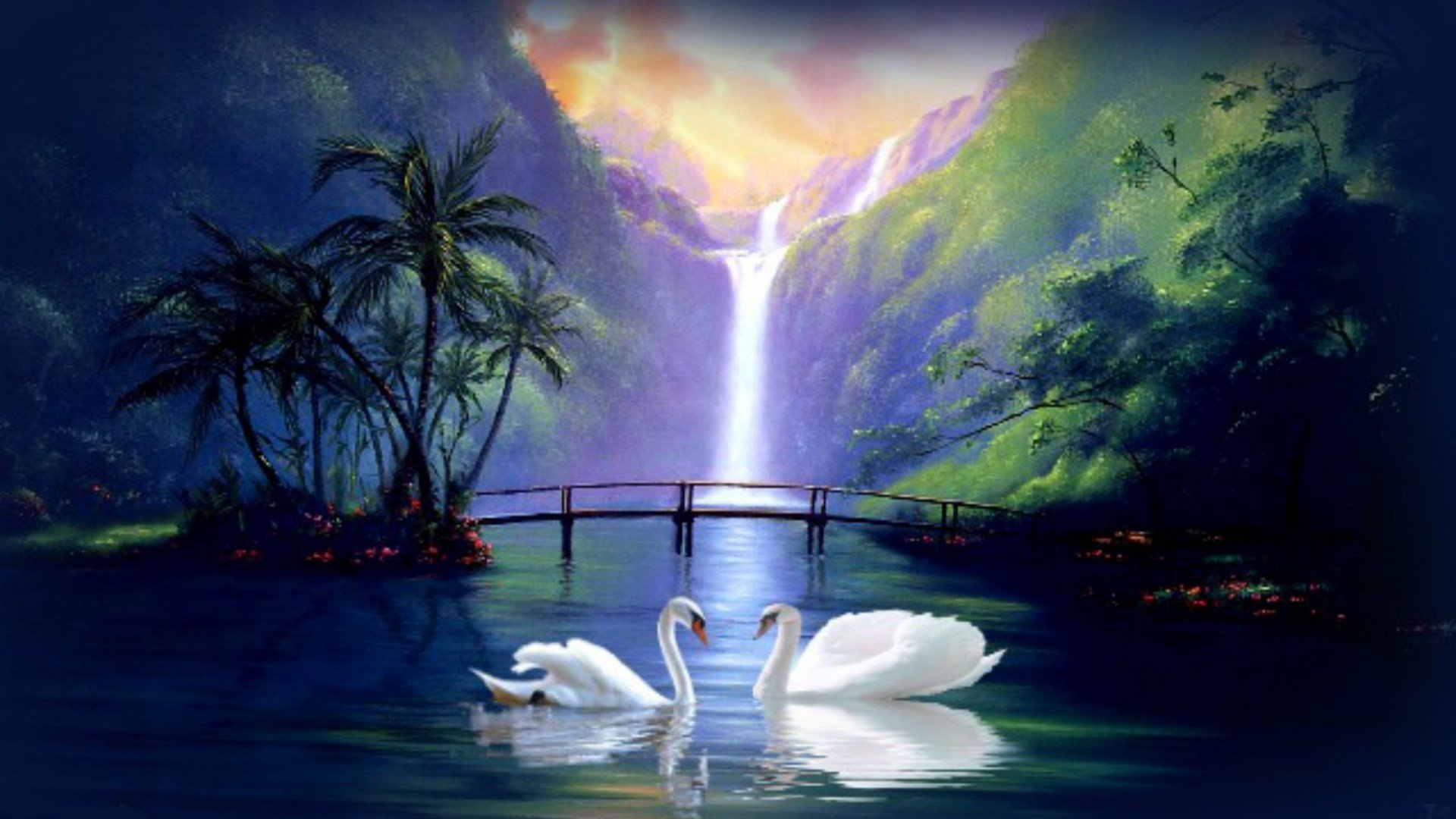1920x1080 swan, Love, Waterfall, Fantasy Wallpapers HD / Desktop and Mobile Backgrounds