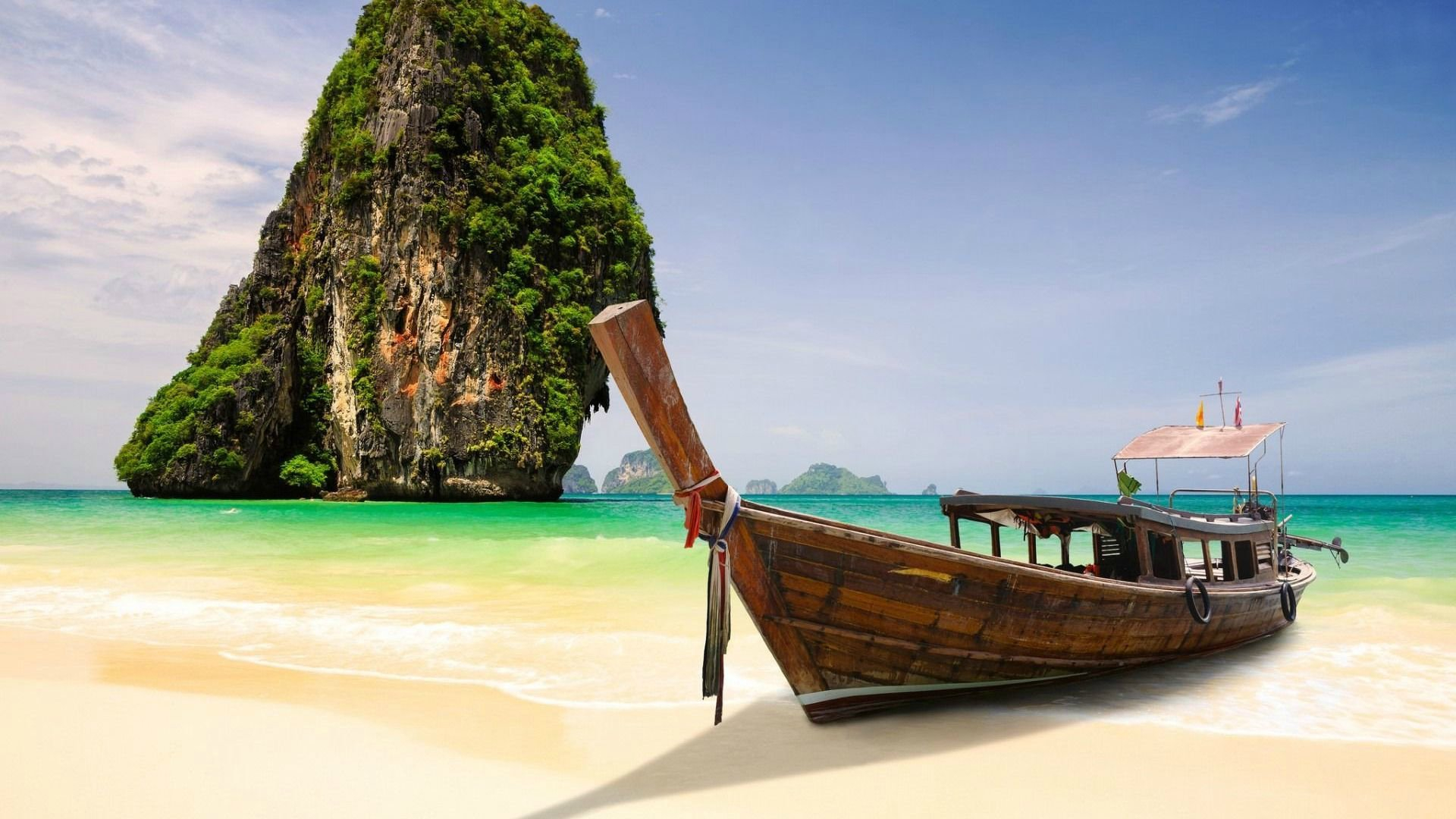 1920x1080 Krabi Phuket Bangkok Thailand Beach Boat Sea Rock Blue Sky Eyecandy for your XFCE-Desktop