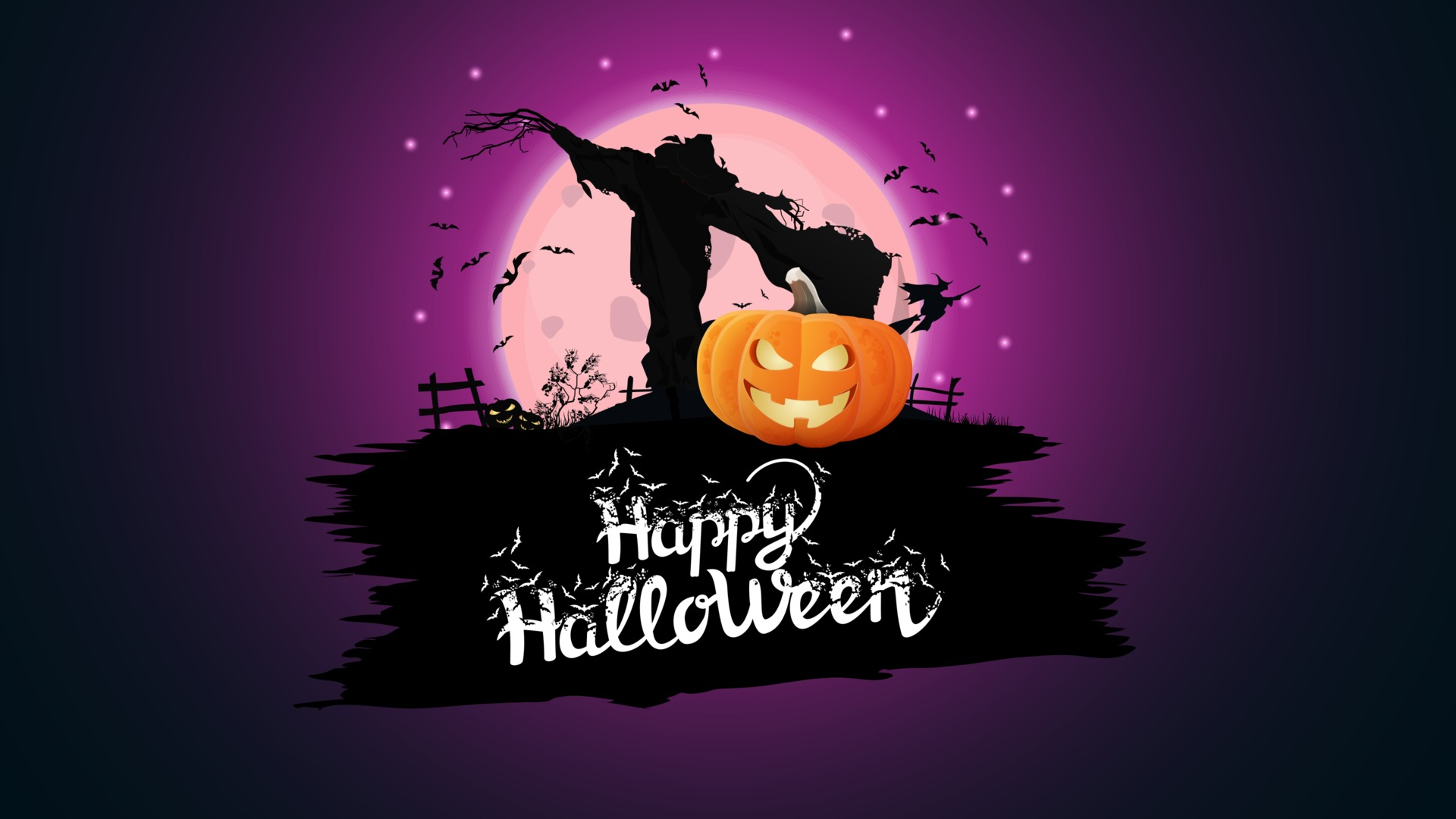 1920x1080 Happy Halloween, creative greeting postcard with Scarecrow and pumpkin Jack against the big pink full moon 2767115 Vector Art