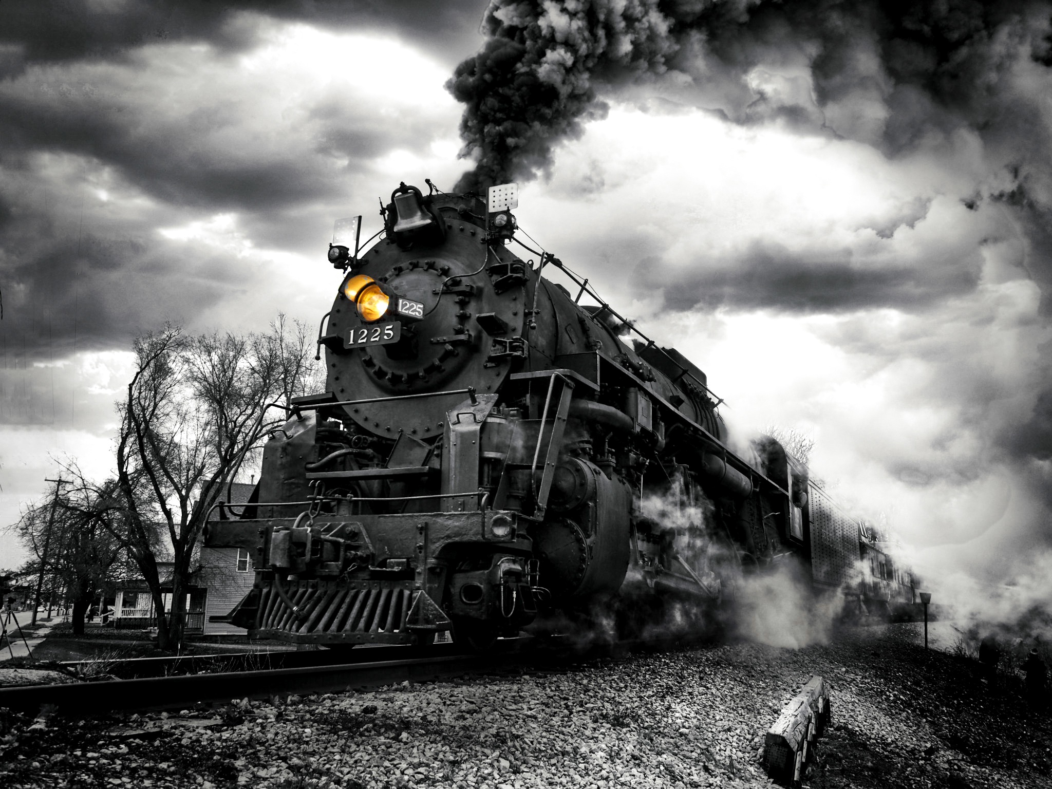 2048x1536 selective coloring, train, vehicle, Steam Train, locomotive, smoke, low-angle | Wallpaper