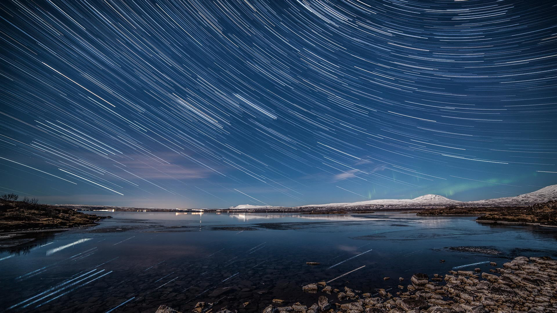 1920x1080 Time lapse of stars, landscape, starry night, lake, sky HD wallpaper |