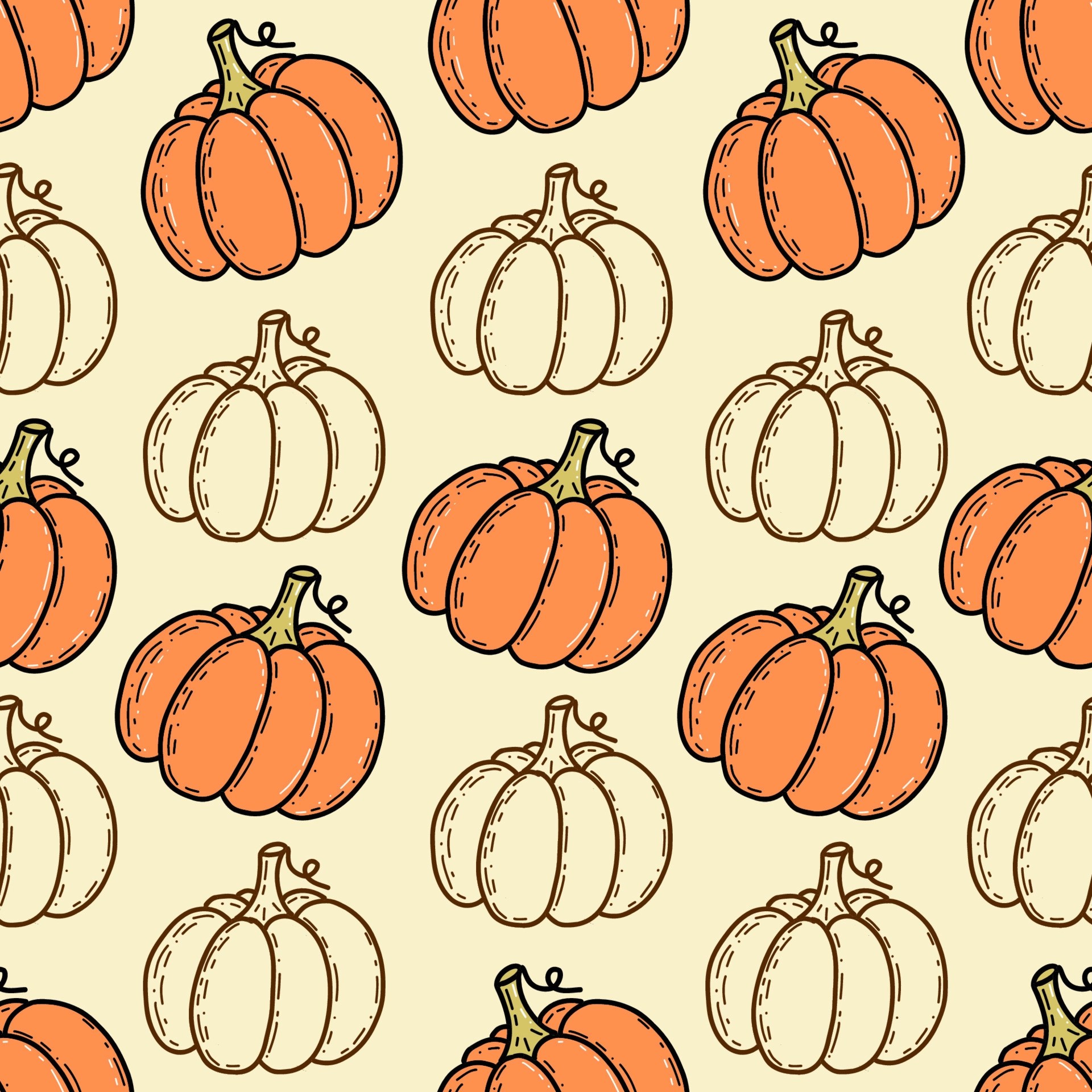 1920x1920 Seamless pattern with hand drawn cute pumpkin in cartoon style. Flat pastel background of pumpkins and squash. 5912367 Vector Art