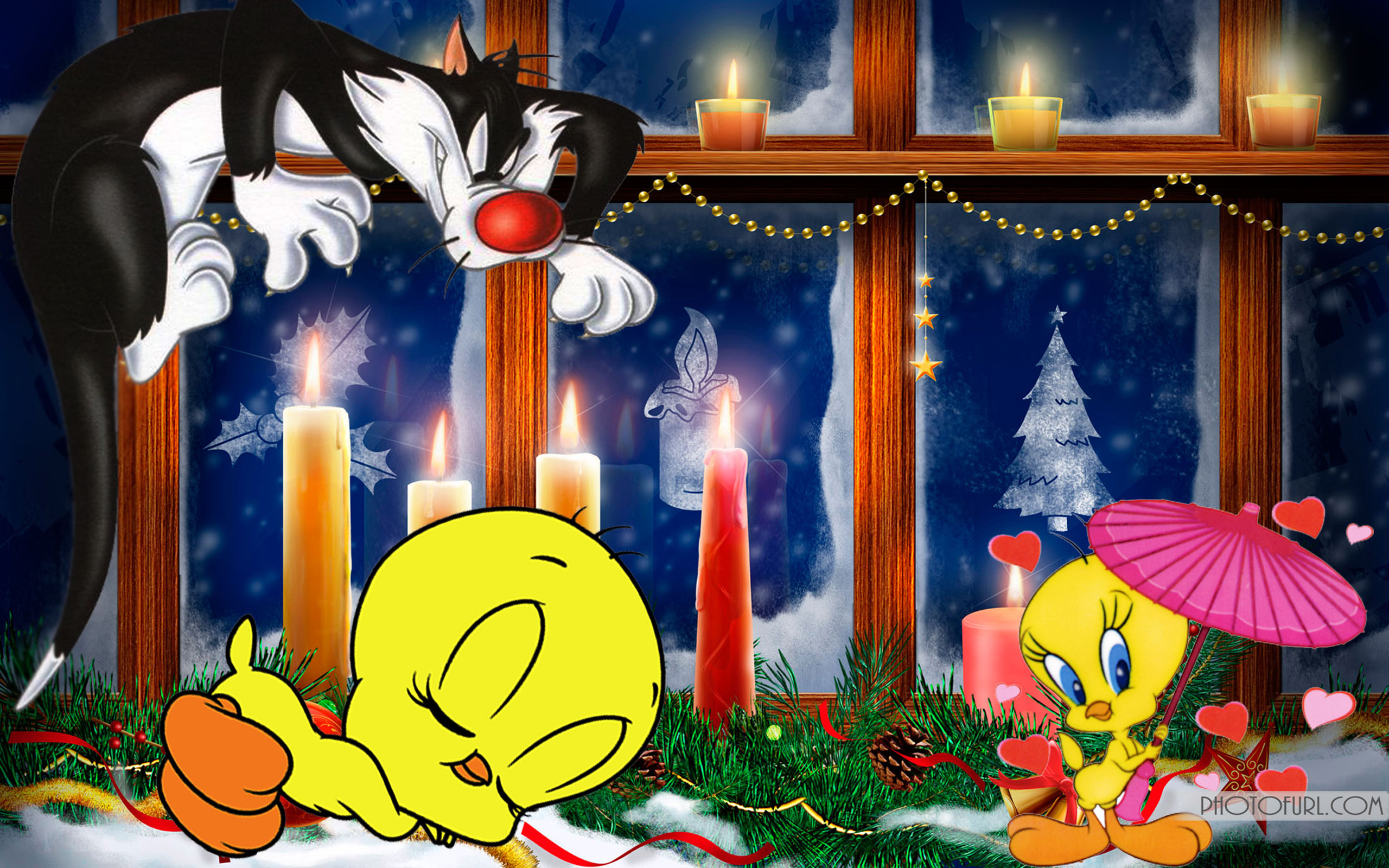 2560x1600 Looney Tunes Tweety Bird And Sylvester Cat Christmas Candles Cartoons Hd Wallpaper For Mobile Phones Tablet And Pc :